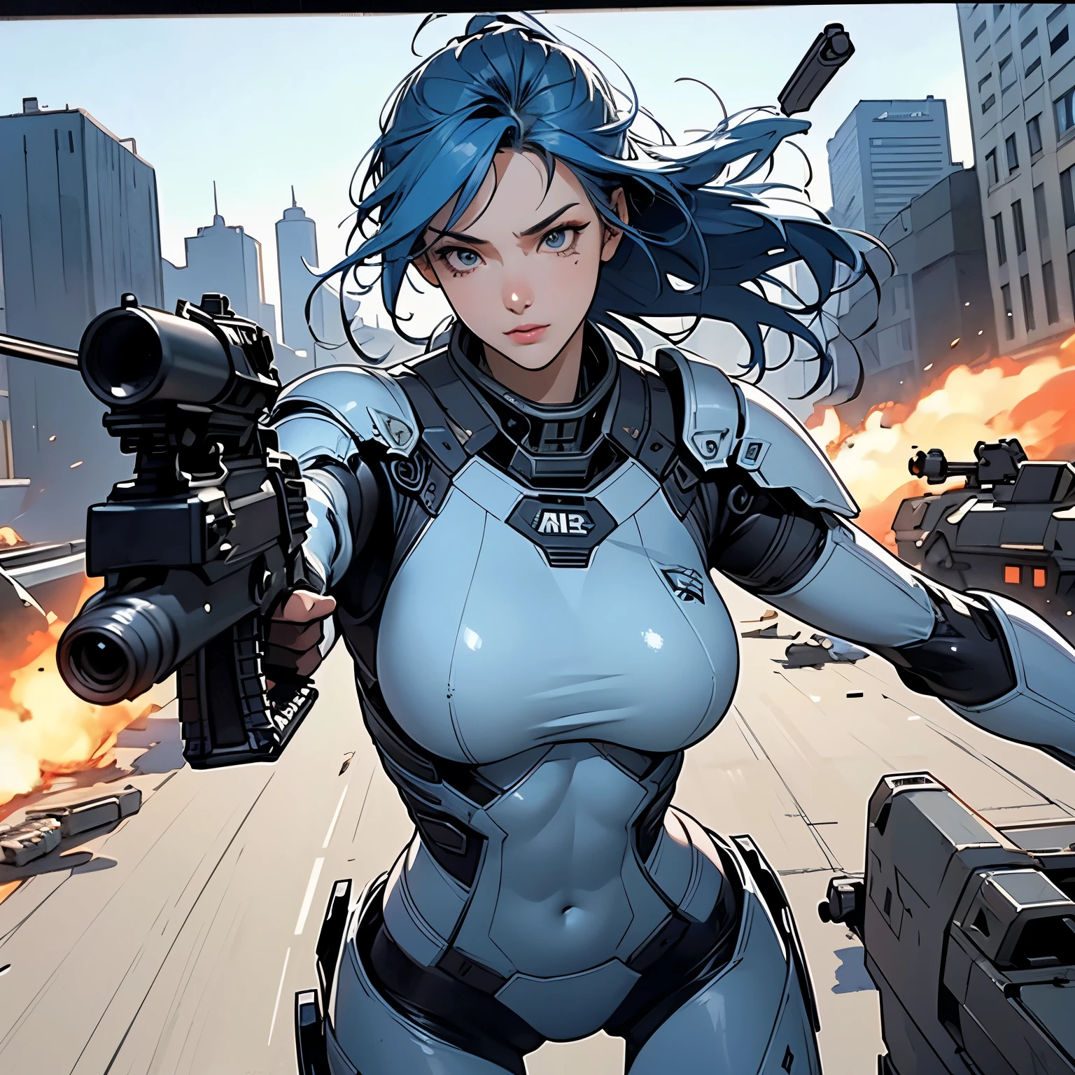 nsfw, anime screencap, 16K, perfect anatomy proportion body, perfect hands, action, A dynamic composition with a sense of speed and movement, (Hold an assault rifle:1.6), a wife, 40age, perfect beautiful delicate sexy face, perfect beautiful delicate drooping eyes, blue hair, hair bun, large breasts, abs, Steel steam engine heavy armored full armor powered suit, Many heavily armored robot soldiers are engaged in a firefight in the background., Flying bullets, Desert Battlefield, war, Post-apocalyptic,