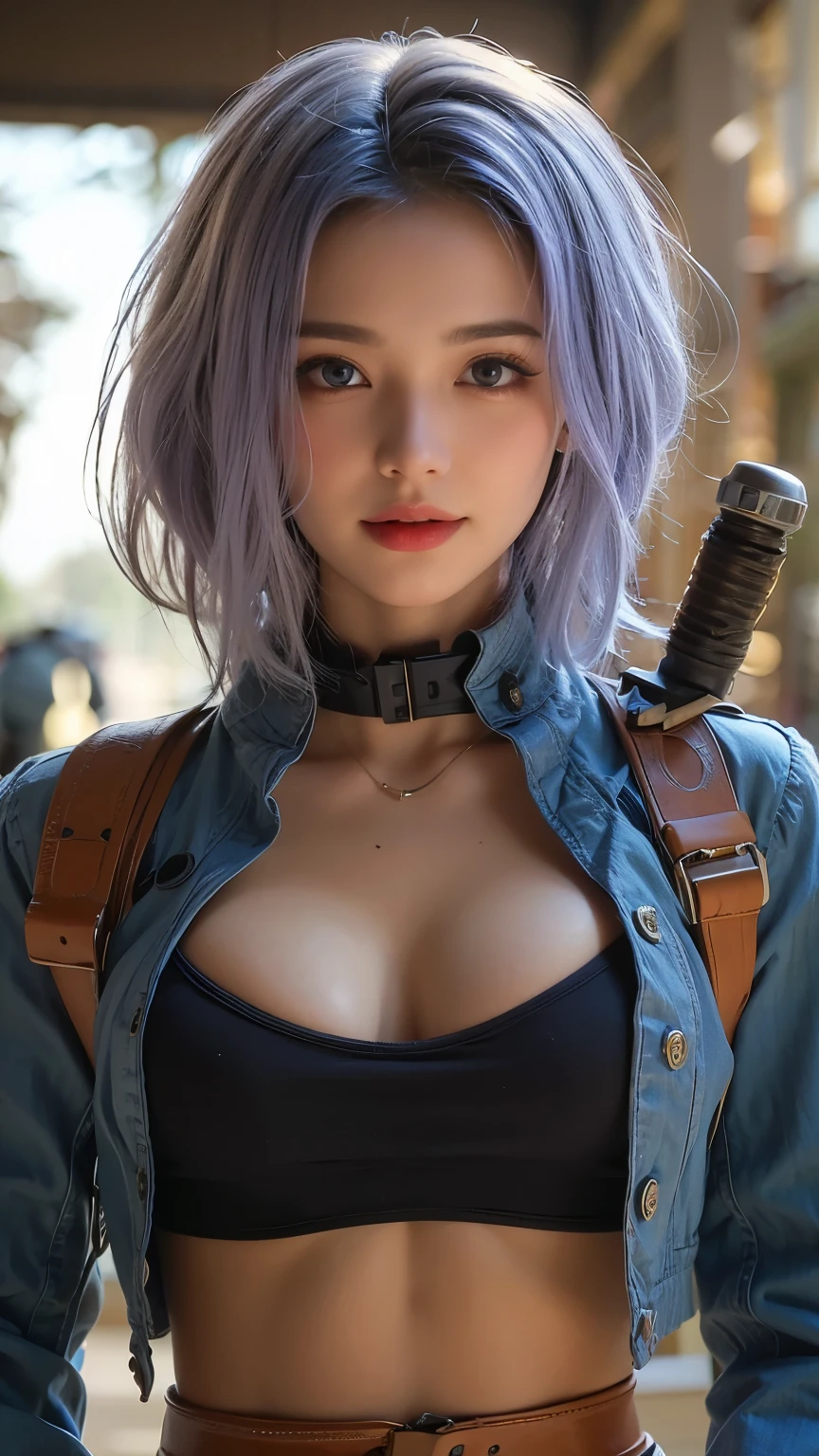 (8k,Masseter muscle area:1.2、Highest quality)、(Live Action、Intricate details)、(One person、solo、Upper body、Huge boobs) Cyberpunk Costumes、charm的　Avant-garde、Experimental Appearance: blue mohawk hair、Realistic Skin　Dramatic makeup、: charm的,Sexy Costumes,Shorts,Counter、provocative Location: Urban Arts District、Laughter　Hobbies of the underground music scene: Attend a punk show、Create mixed media art、Experiment with the values of different subcultures: personality、credibility、Inspiration for creative expression: Punk Rock Music、A symbol of counter culture、avant-garde art movements Personality traits: Boldness、Boldness、Unconventional。Beautiful expression　charm　(Realistic Skin)　Ultra-high resolution　Surreal　Advanced Details　Purple Earrings　Split Avemar Paladin　woman,Surrealな肌,A look of pleasure,Top View,Rich colors, Backlight, Cinema Lighting, Film Grain, 50mm lens, Nikon D850,Ultra-high resolution,Ultra-realistic,Compensate,Super sexy,Show large cleavage,Dynamic sexy pose,