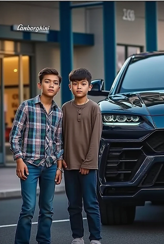 Create a Lamborghini, a Tesla and an Ettore Bughatti car side by side, with a malay boy with a school short hair appearing breaking the four walls, smiling at the background in soft edges effect.