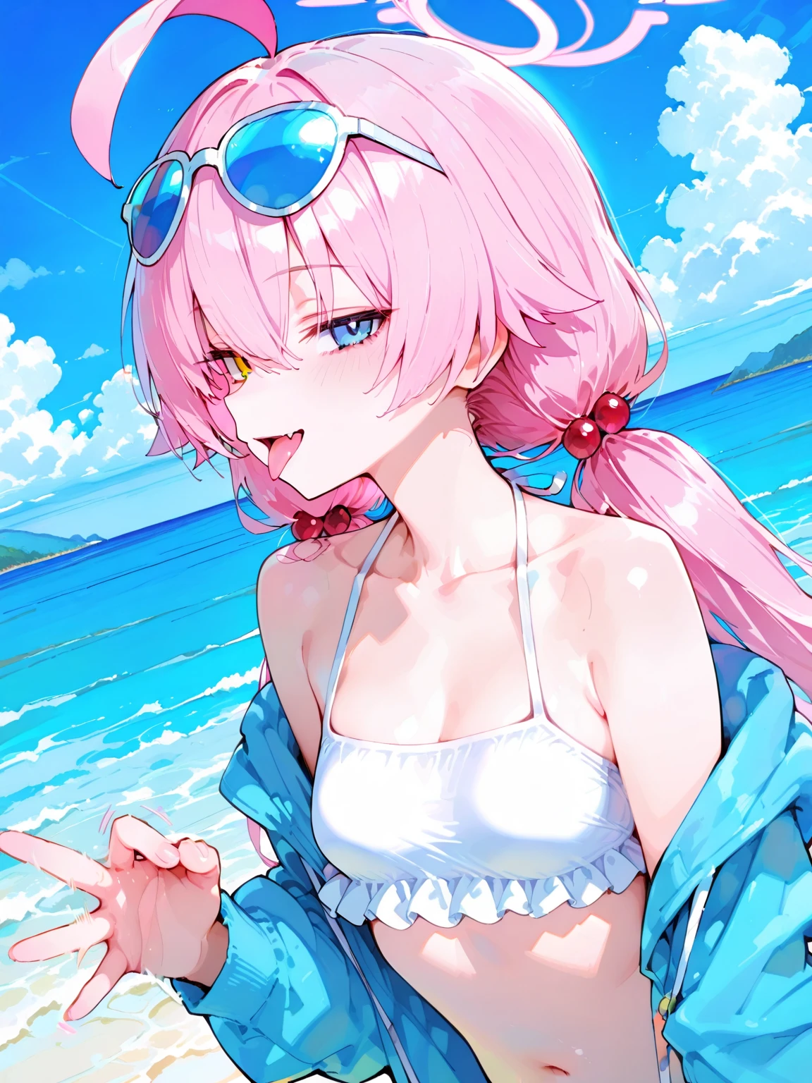 1girl,solo,cute,cleavage,,pink hair,on the boat,around lake,blue sky,brilliant view,high angle