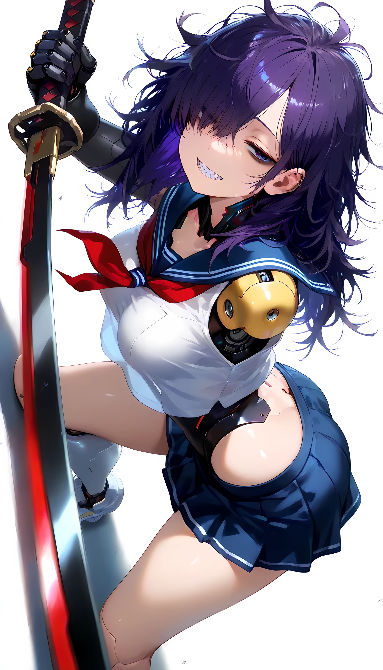18-year-old,shiny navy hair,short hair,Parted bangs,Yellow Eyes,Large Breasts,Small waist,Big Ass,,A feminine and soft figure, , See-through sailor suit,Navy blue mini skirt,Black underwear, ,Large Japanese sword,Covered in body fluids,Battle with the Red Demon