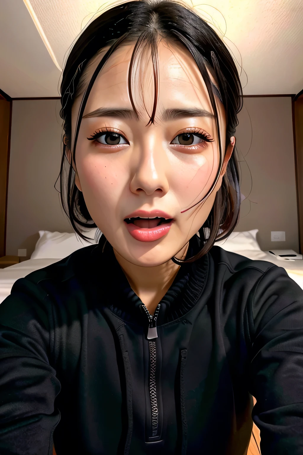 do, Best Quality, (Highly Detailed CG Unity 8K Wallpaper), (Best Quality), edge orgasm 、 face focus 、A woman with her mouth open and her eyes half open、A woman with an edge_face、30 years old、  black hair、bedroom、((sweat) ),((Skin that shines with sweat))((The collarbone shining with sweat,Face that shines with sweat)),（(Sweat-drenched skin))((The skin wet with sweat)),