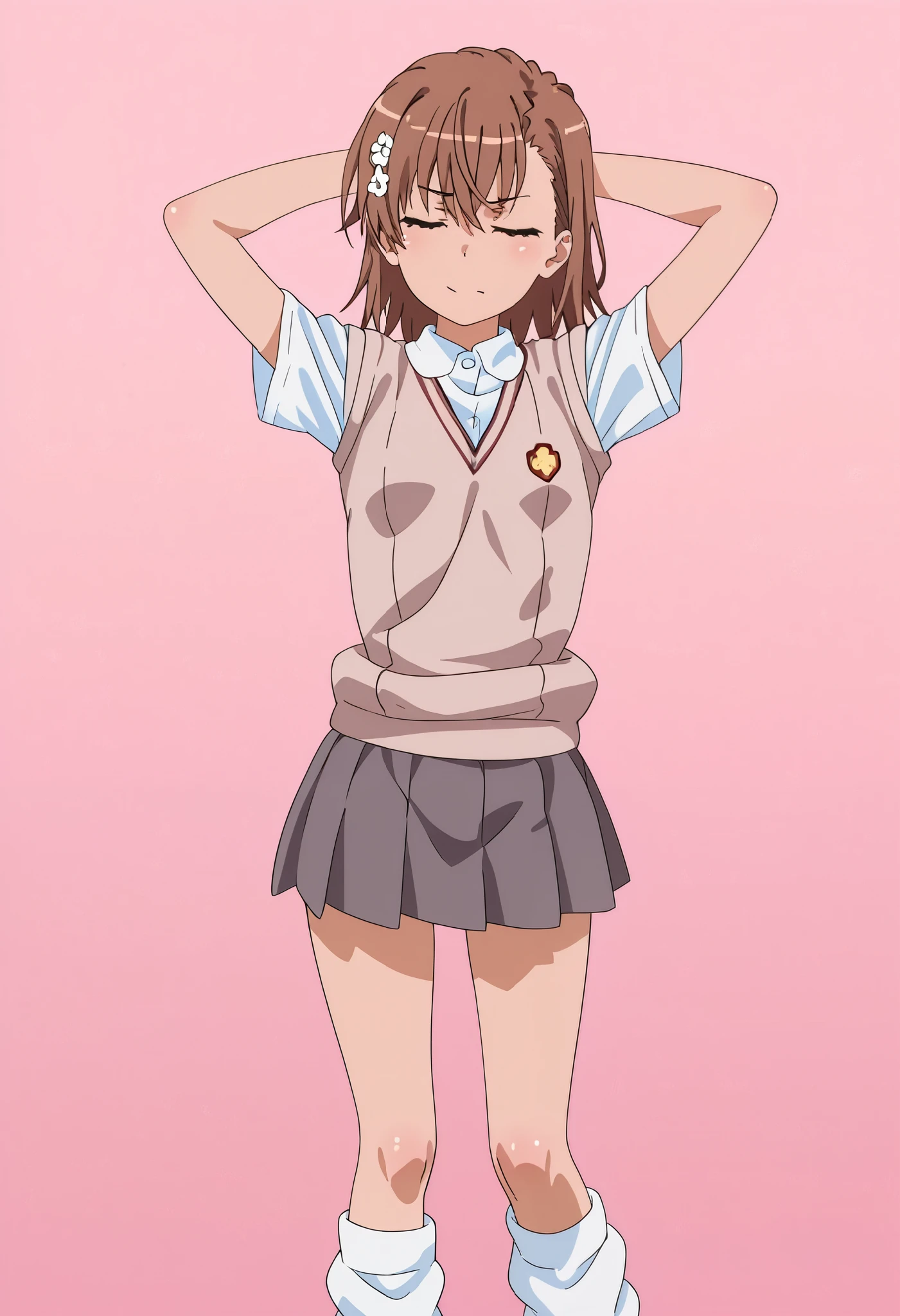 NSFW arms behind head cool face (masterpiece:1.2, best quality), 1 girl ,alone,( Misaka Mikoto) skirt, shirt, school uniform, white shirt, short sleeves, pleated skirt, grey skirt, sweater vest, tokiwadai school uniform,loose socks schools