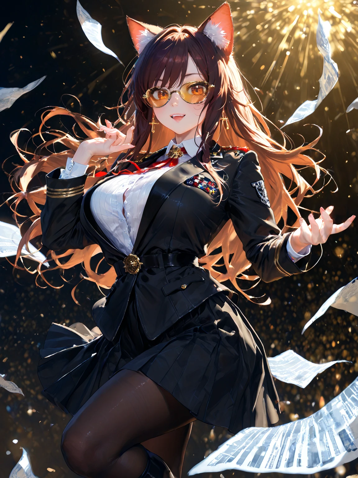 high image, super detail, high resolution, anime, manga, illustration, black knee high socks, thighs, knit dress flared mini skirt, glasses, intelligent beauty, laugh like a prankster, happy, shy, alluring moist half open red lips, ecstatic expression, amorous expression, seductive look, flowing layered messy medium short light brown hair, sparkling blue eyes, huge breasts, under boob, great proportion, perfect proportion, slender, full body