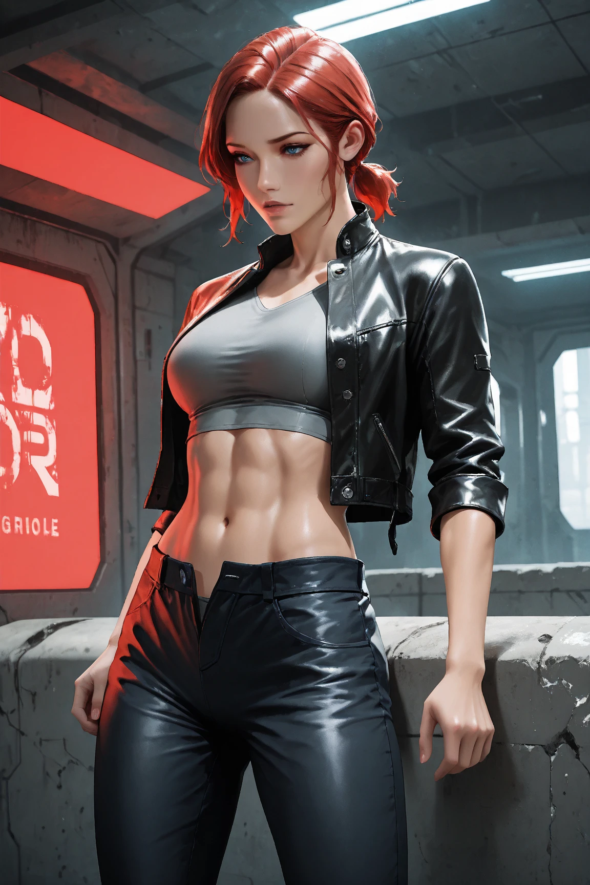((portrait shot)) a photo of a woman, (pants)  (shirt:1.2), 4k, high-res, masterpiece, best quality, (head:1.3), finely detailed skin, cleavage, pushup bra, neon, bedroom, Leather jacket, large breasts, sfw