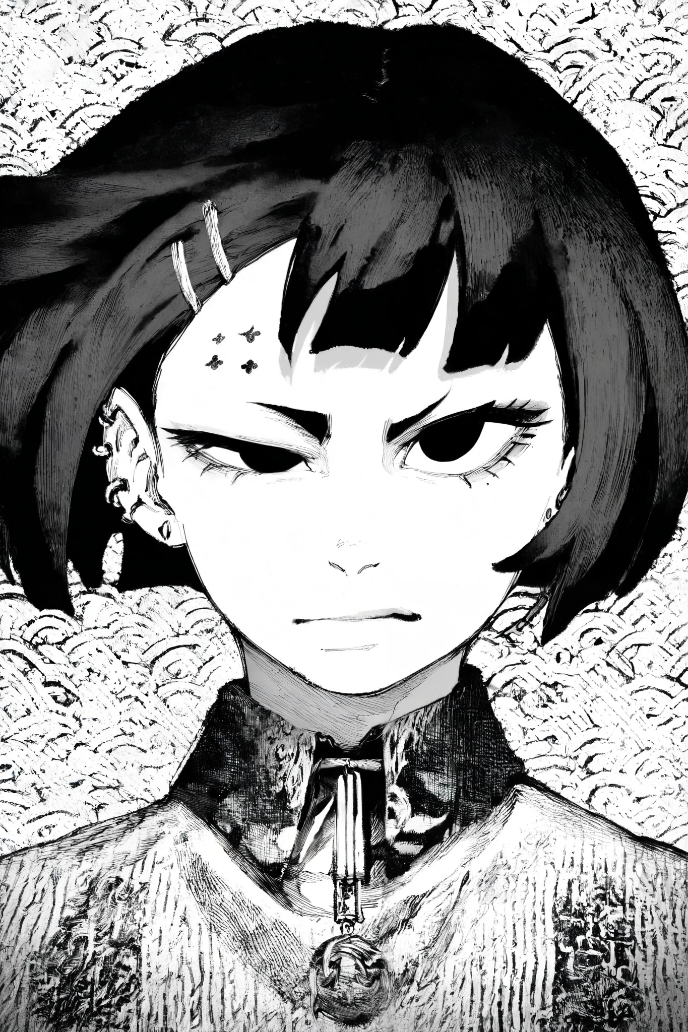 HDR, 8K, high contrast, masterpiece, best quality, amazing quality, very aesthetic, anime artstyle, realistic, hentai art, newest, (artist:incase:0.5), (artist:tsuaii:0.5) ,
BREAK
bounce light, hyperdetailed, detailed hair strands, detailed fibers, monochrome, greyscale, line art, manga, kentaro miura
masterpiece, semi-realism, hyper detailed hatching, engraving artstyle, hatching /texture/, contour lines, monchrome, greyscale, masterpiece.hyperdetailed, absurdres,
1girl, black eyes, defined eyelashes, small eyebrows, ear piercings, bob cut, hair swiped back from one side, facing viewer, serious face, one eyebrow raised, chains, ornaments, tattoos