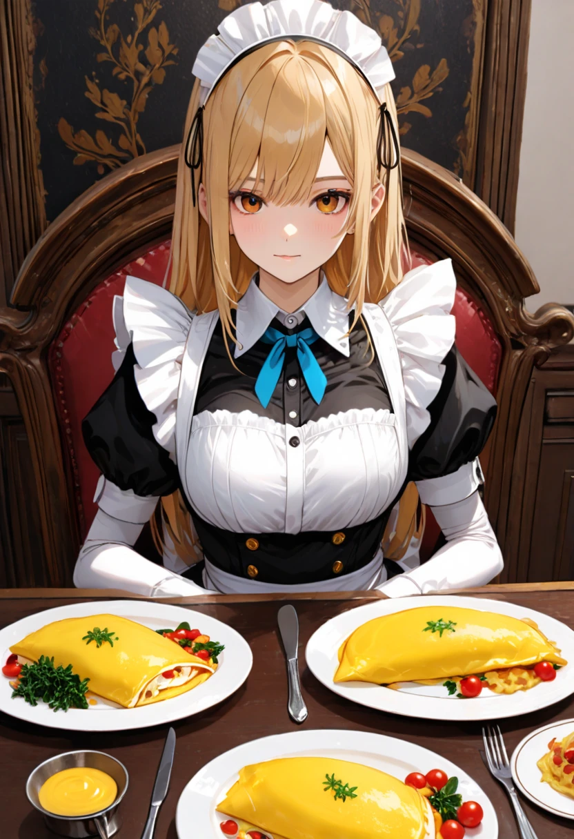 ((best quality)), ((masterpiece)), (detailed), ((1girl)), 18 years old, ((anime)), ((peasant girl)), (( dark fantasy)), ((blue eyes)), ((blonde)), ((maid apparel)), eating a lot of food, a little bit chubby