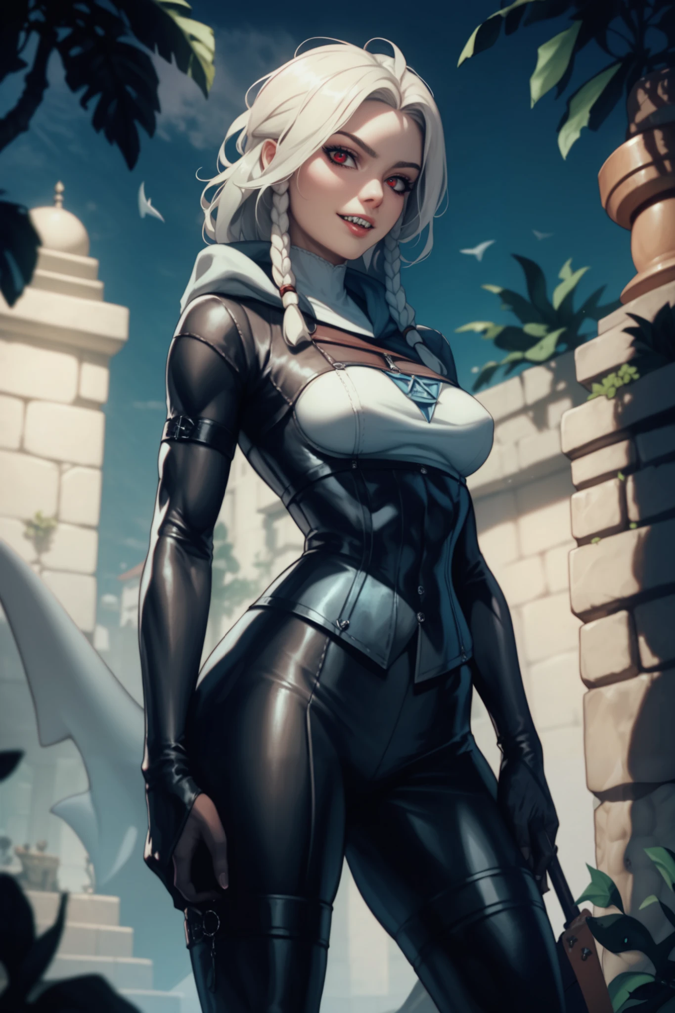 ((best quality)), ((masterpiece)), (detailed), 1girl, mixed race girl, African American + Caucasian girl with lighter skin, young woman, pretty, skinny, white hair, modern western attire, dark cloak, wearing casual clothes underneath cloak, black pants, 2024 style corset top (modern look, no shirt underneath), modest, head scarf, long hair, hair tied in the back