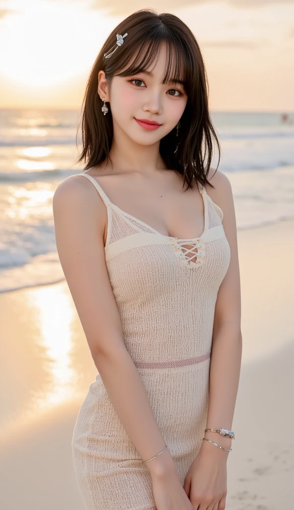 Mastepiece, Highest quality, figure, Ultra high definition, The finer details, High resolution, 8k wallpaper, Perfect dynamic composition, Beautiful attention to detail, Wear a dress, Natural color lips, Beach, random cute pose, Perfect and beautiful face , cute, Sexy Face, sunset, Feminine face
