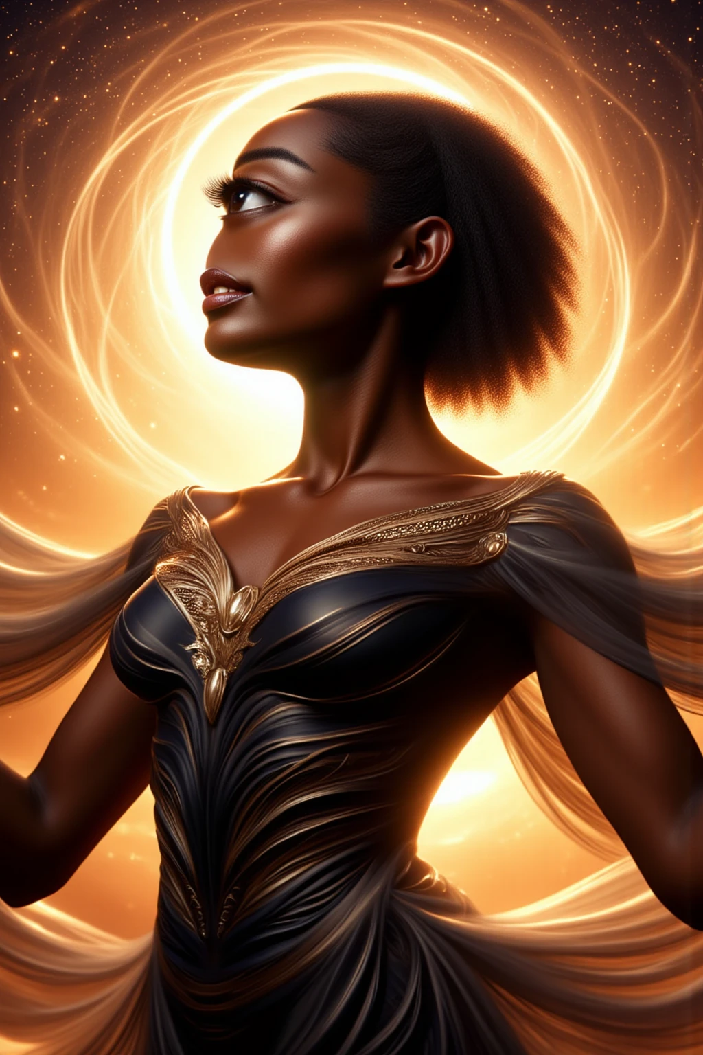Personagem de desenho animado de uma mulher usando ,cabelos castanho escuro com as pontas dourados eblack power, um personagem animado, Caractere estilizado, animation style rendering, 3D estilizado, Arnold Maya render, 3 d render stylized, toon render keyshot, Personagem 3D, Personagem 3D, 3d rendering stylized, 3 d character render, personagem de desenho animado, Personagem de close up, Pose de personagem, (Estilo Pixar) (master part:1.2) (Bokeh) (best quality) (pele detalhada) (textura detalhada) (8k) (argila) (Cinematic lighting) (foco nítido,Senta e vaza a parte superior do corpo