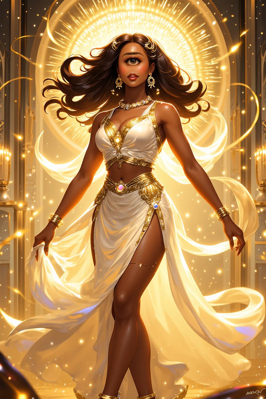 (best quality,realistic),1female,50-year-old,dark-skinned,long hair,bimbo,indian,ifbb,(sheer top), (gold bra visible through clothes),(shimmering translucent skirt)
