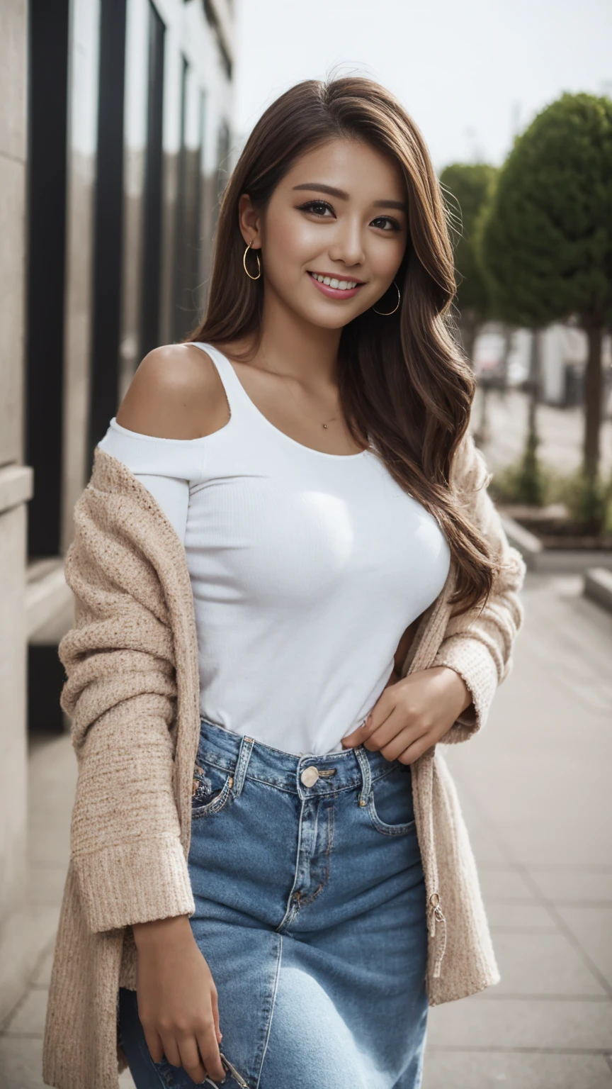 Best Quality, Masterpiece, Beautiful and Aesthetic, 16K, (HDR: 1.4), High Contrast, Bokeh: 1.2, Lens Flare, (Vivid Colors: 1.4),cinematic lighting,depth of field, film lighting, ambient light, side light, exquisite details and textures, cinematic lens, warm tones, (bright and intense: 1.2), wide-angle lens, hyper-realistic, (knee-length view), BREAK 1 girl,Japanese,22 yo,beautifull detailed face,A smile with a little visible teeth,(Slender body:1.5),((Wearing a cardigan)),pastel clothing, ((Have a small handbag)), Beautiful detailed skin,Skin Texture,Floating hair,((fluffy hairstyle)),Black semi-long wavy hair, saggying breasts with good shape,(cleavage),((Black square glasses)),cheerful pose,day,daylight,outdoor,braless,