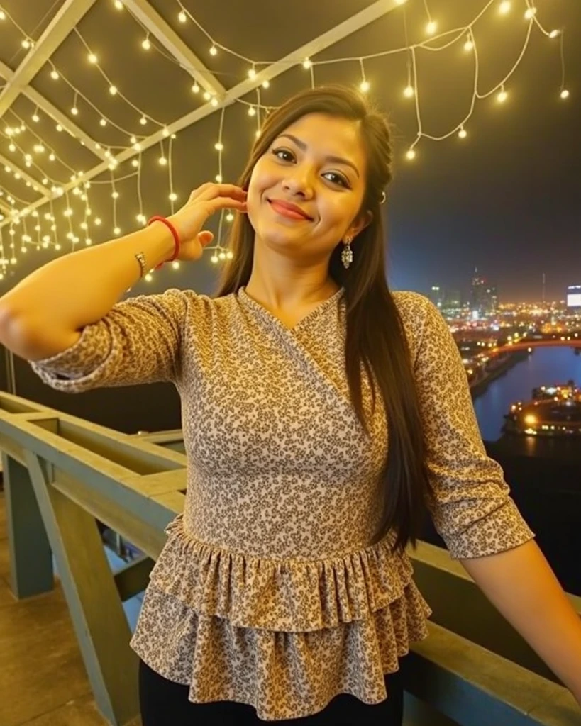 A 17 year old Pakistani girl is posing in a beautiful house , she is wearing a loose black tank top tucked in her white jeans , huge big breasts with yellow bra, Her brown hair is tied in such a way that only 2 loose strands are falling on the either side of her face , shot with 85mm lens for ultra realistic image perspective, ultra bokeh mode , pretty cute girl , laughing shyly , blushing , sweaty
