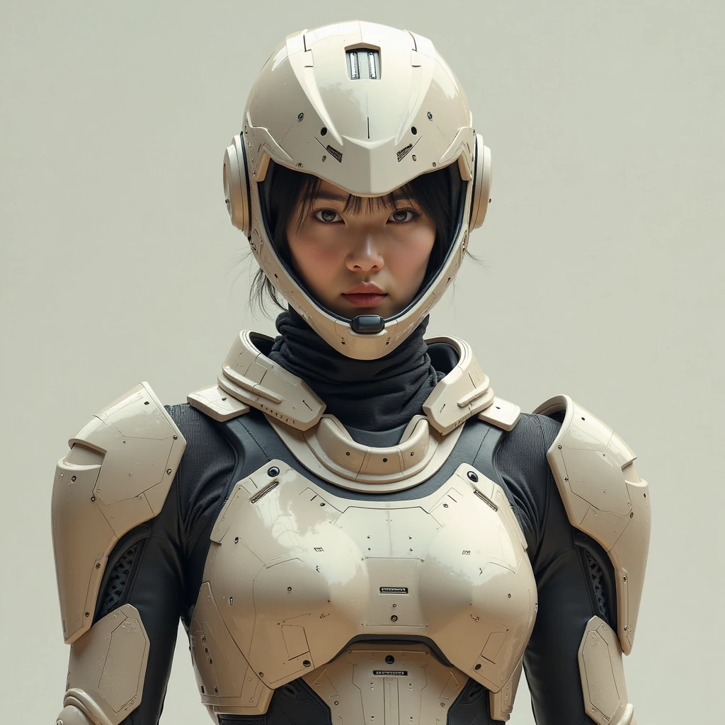 Light brown full face helmet， facing forward、Young Japanese women wear high-tech battle armor， says it's a super high resolution picture，Professional Photo Shoot