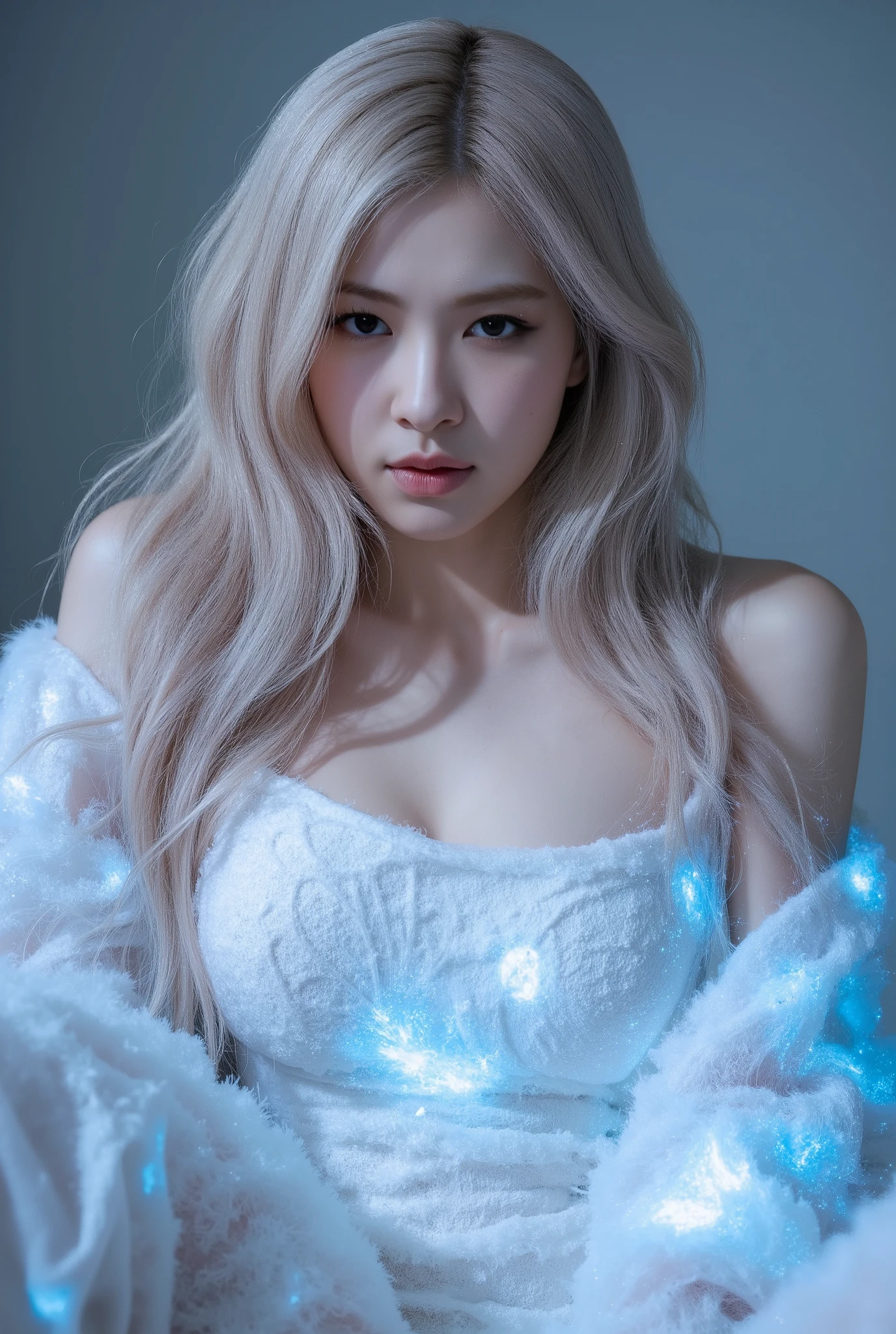 ((jewel_light element)), (Translucent luminous hair), (girl made of light: 1.2, Long wavy hairstyle with delicate features and light), (minimalism: 0.5), (Frontal close-up angle above the waist: 1.3), 4K, HDR, acid graphics, fantasy work, [Detailed and vivid faces: 0.33], (White translucent glowing body and hair: 1.3), Silhouette outline and glowing beautiful woman, Understated elegance is revealed.. A calm and dignified atmosphere provides a subtle sense of luxury... gray smooth texture, stylish pose, fluorescent, glowing tattoo, bioluminescent tattoo, glowing pattern.