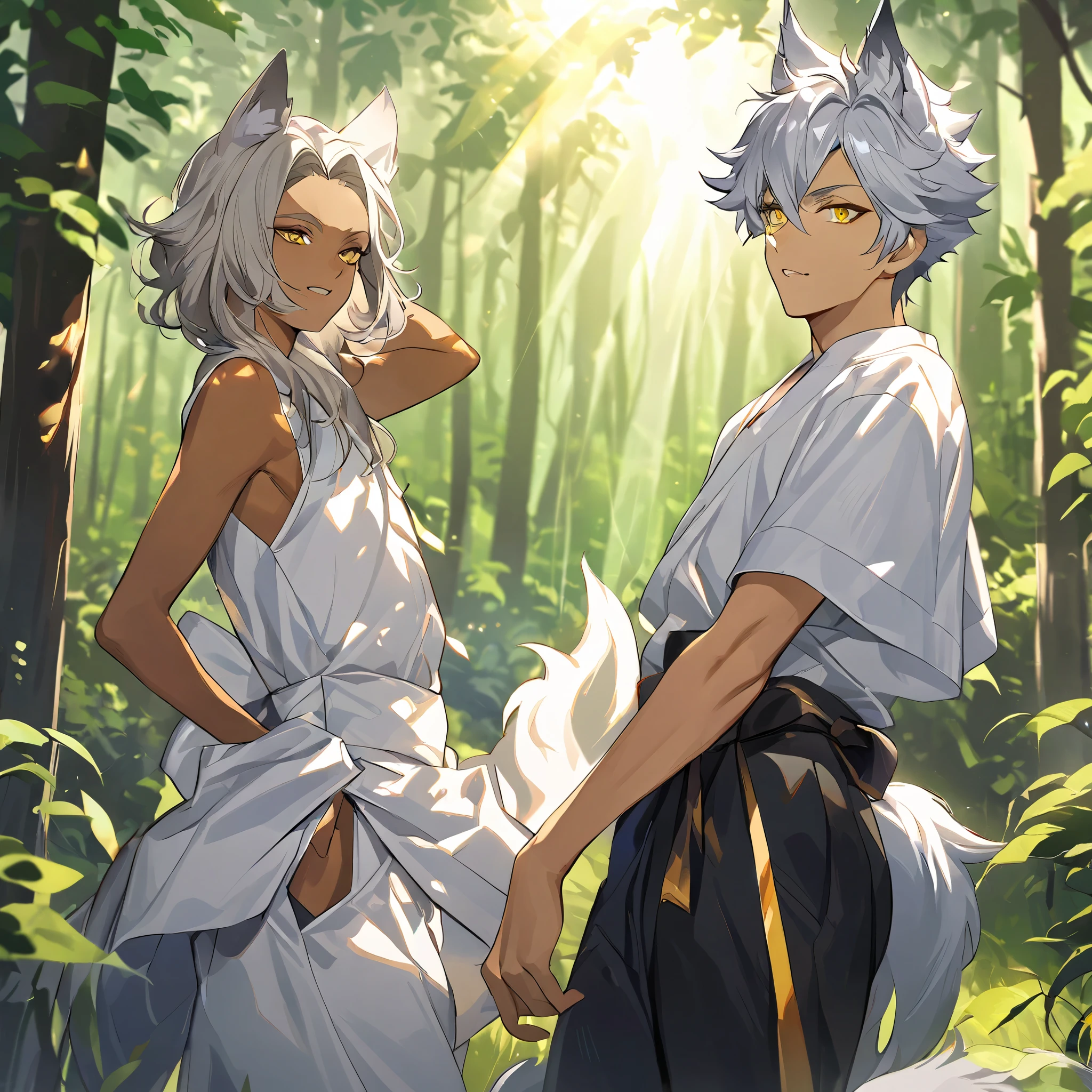 Twin anime boys with silver white hair, wolf ears, yellow sharp eyes, tan skin