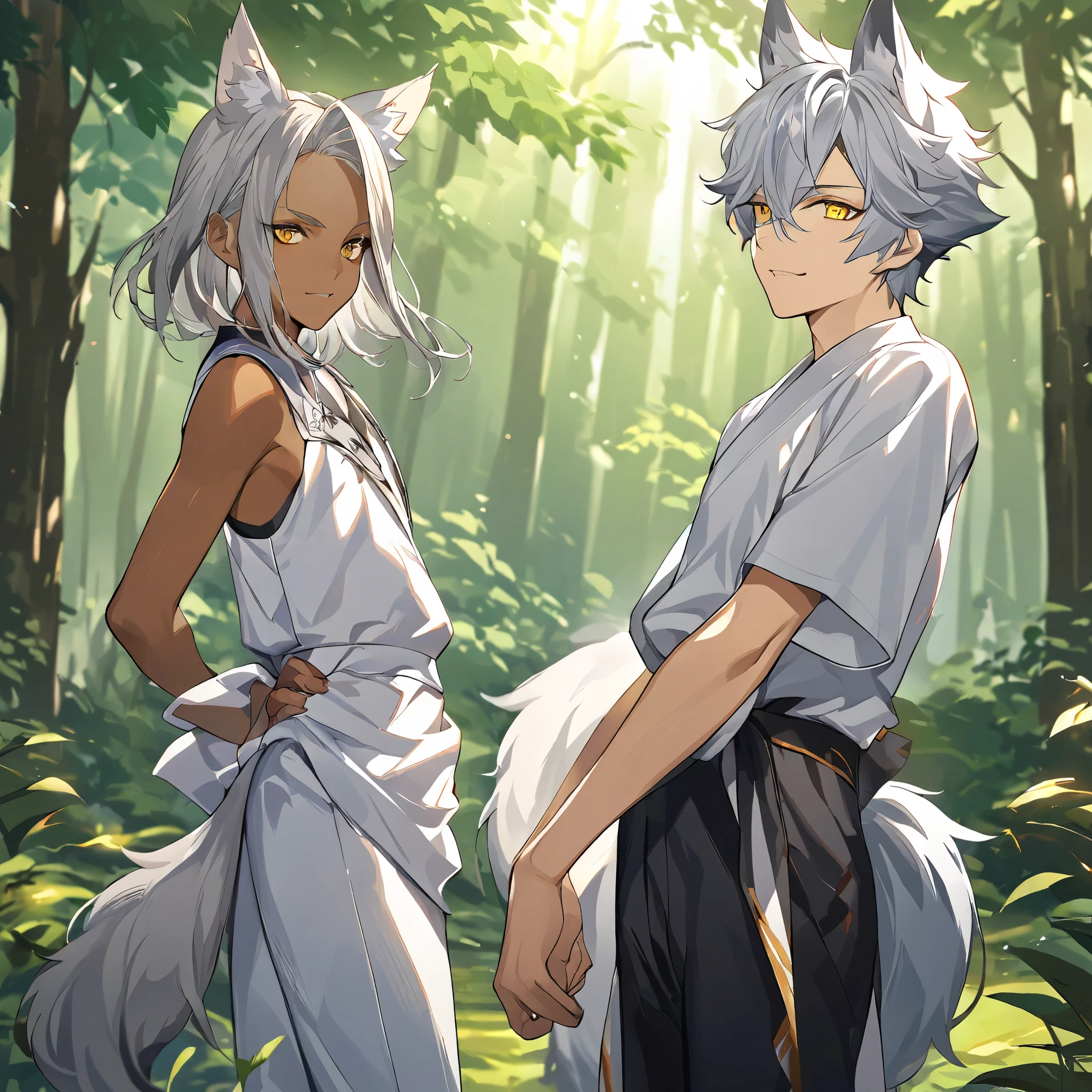 Twin anime boys with silver white hair, wolf ears, yellow sharp eyes, tan skin