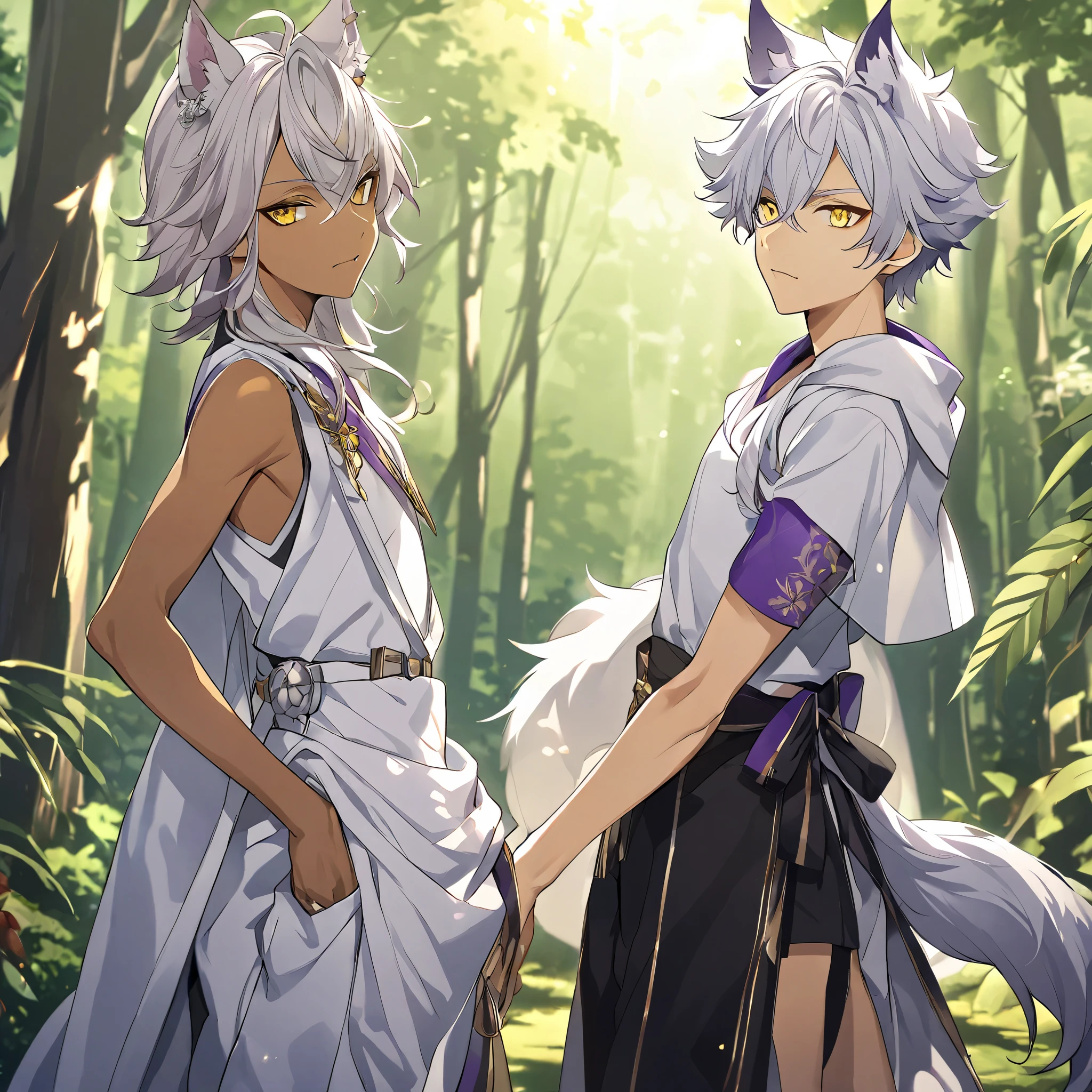 Twin anime boys with silver white hair, purple highlights, wolf ears, yellow sharp eyes, tan skin