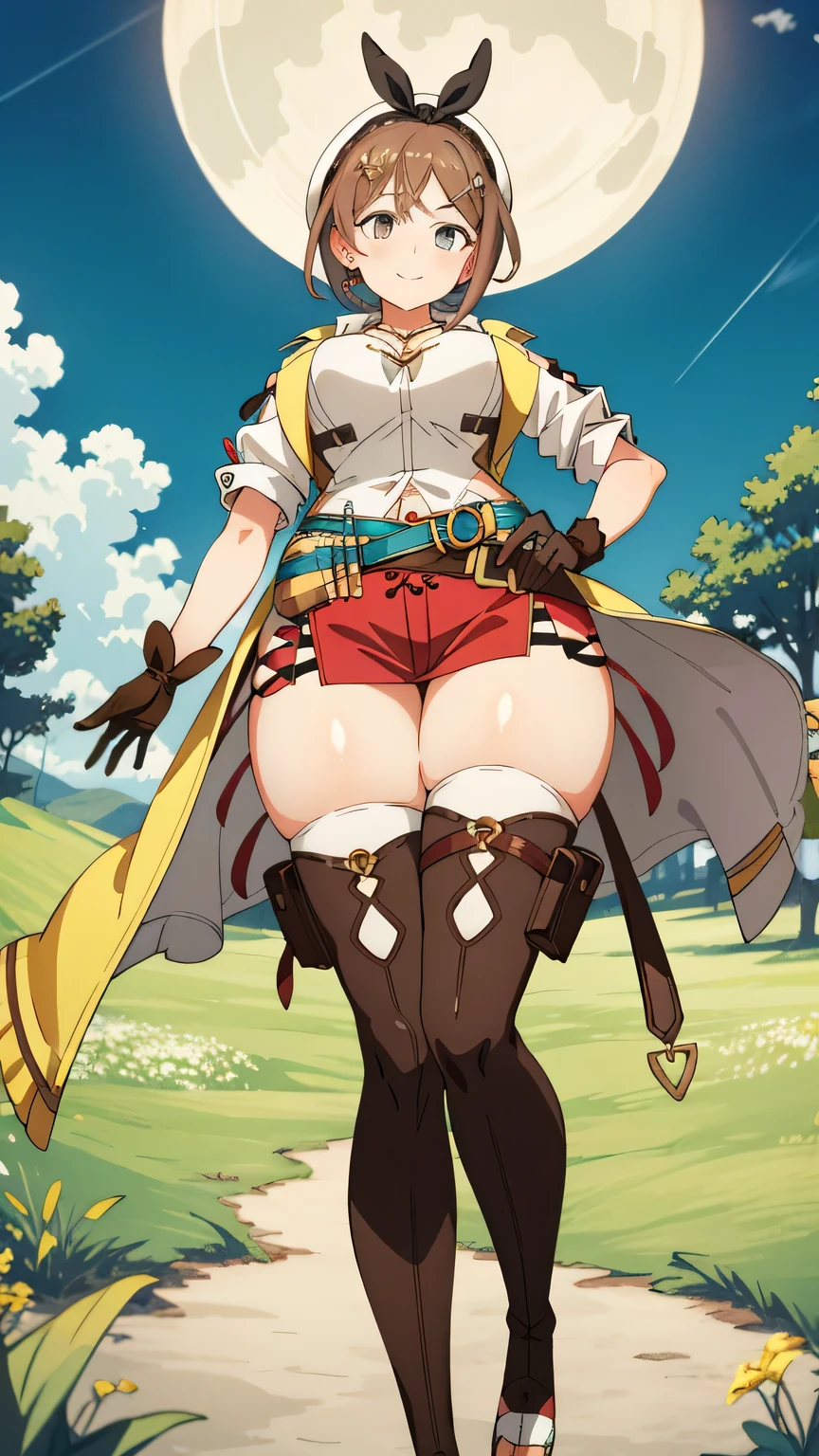 High quality, HD, (((Klee))), (genshin impact), standing, Turn around and look down, Sticking out the butt, panties(white panties), Fart from the ass,Yellow smoke,Close one eye, in pain, holding stomach