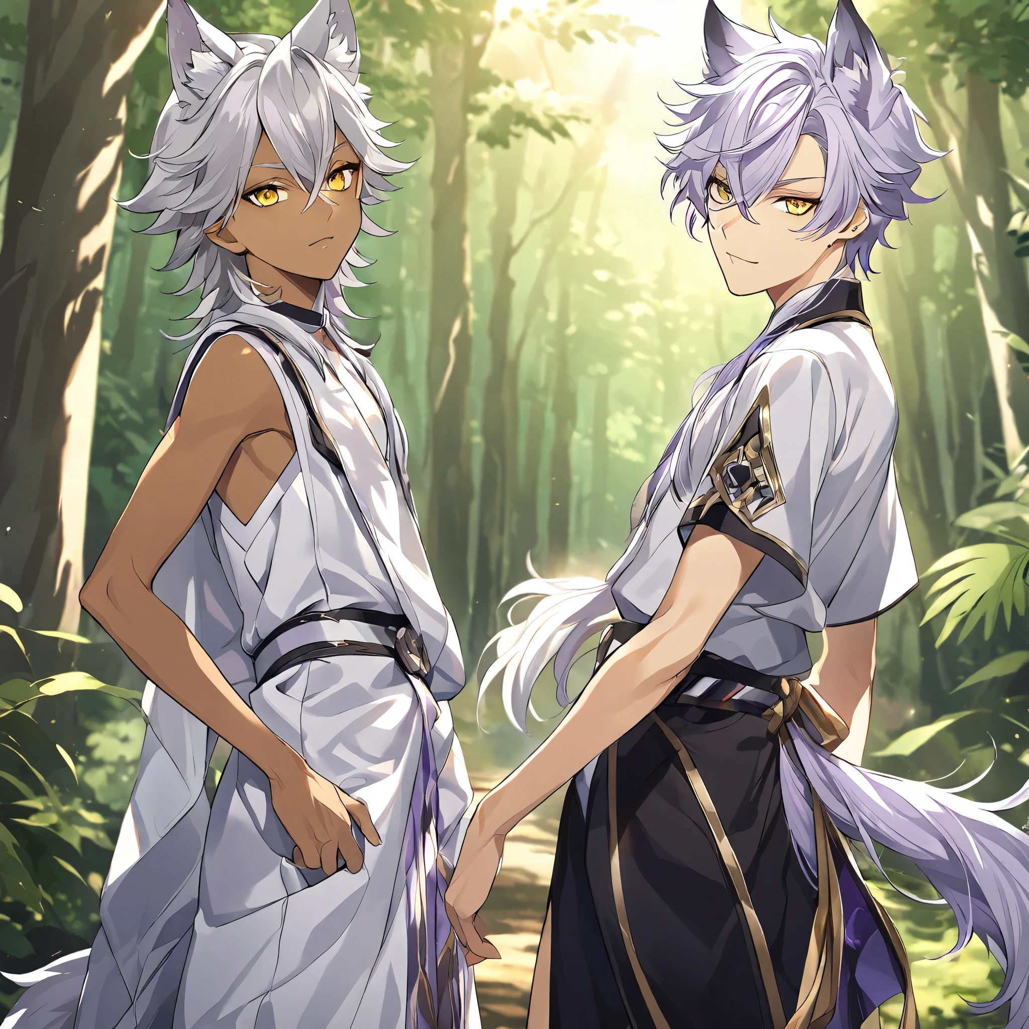 Twin anime boys with silver white hair, purple highlights, wolf ears, yellow sharp eyes, tan skin