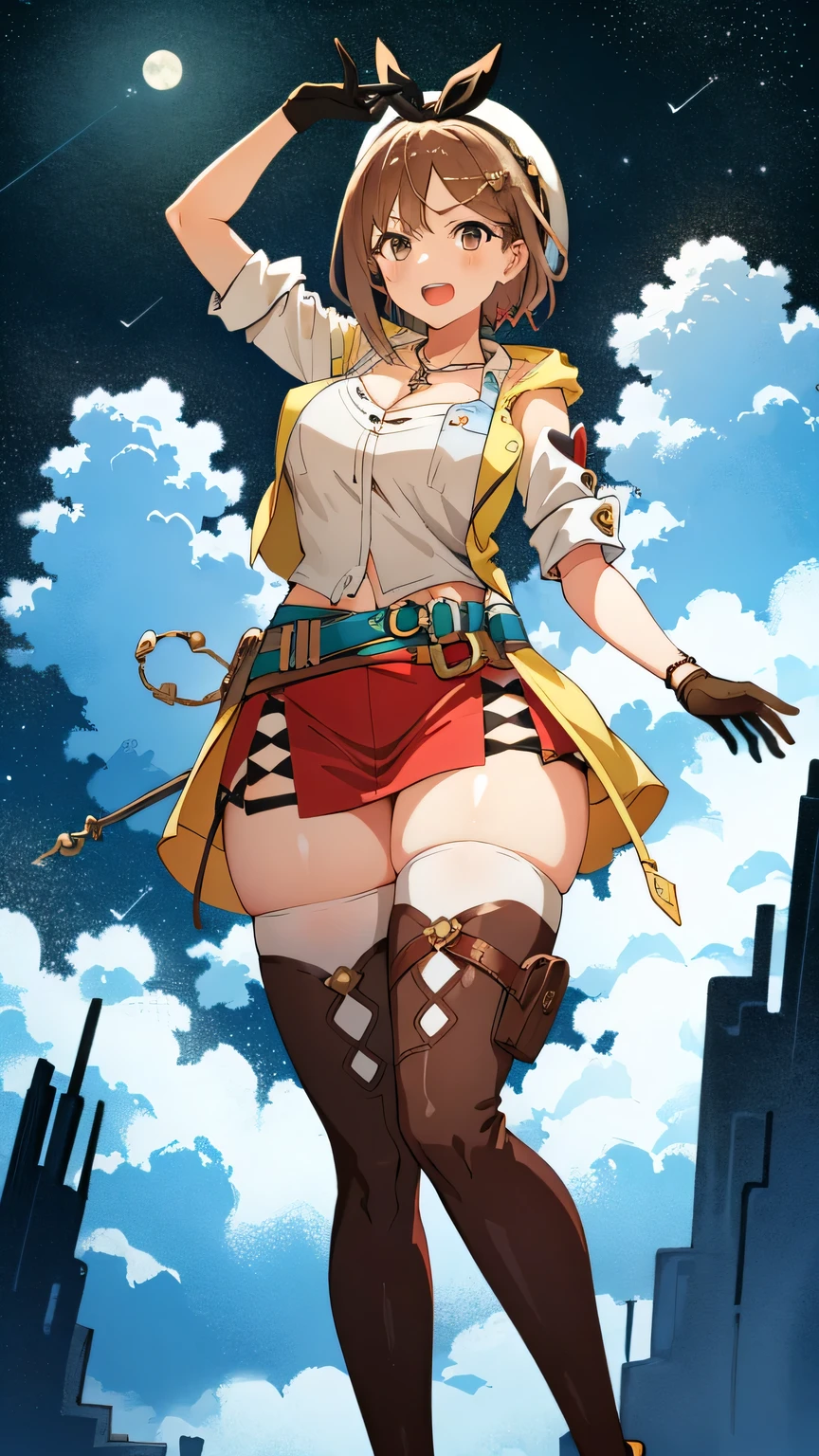 {{{masterpiece}}}, (best quality:1.5), (ultra-detailed:1.5), {illustration}, {{an extremely delicate and beautiful}}, (beautiful detailed eyes:1.6), absurdres, highres, extremely detailed face, 16k, hd, visual anime de uma jovem mulher, extremamente bonito rosto de anime, anime melhor garota, (perfect hands, perfect anatomy), anime face, Reisalin Stout, ryza, 1girl, solo, cute face, head ribbon, brown hair, short hair, hair ornament, hairclip, brown eyes, big eyes, large breasts, plump thighs, big hips, curvaceous, BREAK, hat, white headwear, (1stDefault:1.3), First Clothing, white sleeveless, collarbone, cleavage, leather, yellow jacket, open Jacket, brown gloves, single glove, leather gloves, jewelry, necklace, star necklace, star (symbol), leather belt, brown belt, blue tool belt, flask, test tube, navel, thigh pouch, red skirt, (micro skirt:1.3), thighhighs, bridal legwear, white thighhighs, thigh boots, brown footwear, toeless footwear, thighs, thighs, zettai ryouiki, BREAK, legs apart, fighting stance, duel, flushed cheeks, (sky above:1.5), (fly in the sky:1.5), Above the City, floating, above the clouds, smirk, cool face, open mouth, looking at viewer, outdoor, night, plateau ​​night view, night sky, moon,  (Aerial View:1.3), telekinesis, arm up, motion blur, above clouds, Scenery, fpeer in from below