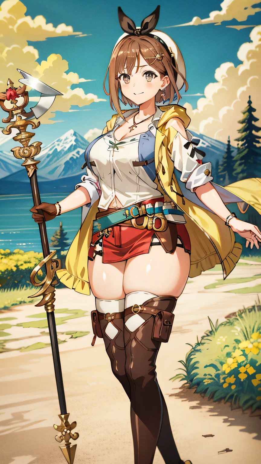 {{{masterpiece}}}, (best quality:1.5), (ultra-detailed:1.5), {illustration}, {{an extremely delicate and beautiful}}, (beautiful detailed eyes:1.6), absurdres, highres, extremely detailed face, 16k, hd, visual anime de uma jovem mulher, extremamente bonito rosto de anime, anime melhor garota, (perfect hands, perfect anatomy), anime face, Reisalin Stout, ryza, 1girl, solo, cute face, head ribbon, brown hair, short hair, hair ornament, hairclip, brown eyes, big eyes, large breasts, plump thighs, big hips, curvaceous, BREAK, hat, white headwear, (1stDefault:1.3), First Clothing, white sleeveless, collarbone, cleavage, leather, yellow jacket, open Jacket, brown gloves, single glove, leather gloves, jewelry, necklace, star necklace, star (symbol), leather belt, brown belt, blue tool belt, flask, test tube, navel, thigh pouch, red skirt, (micro skirt:1.3), thighhighs, bridal legwear, white thighhighs, thigh boots, brown footwear, toeless footwear, thighs, thighs, zettai ryouiki, BREAK, cute face, smiling, standing, polearm, weapon, holding weapon, holding, staff, holding staff, outdoor, daytime, solar, rock, mountain, forest, desert, sky, lake, look the sky, look up, (bust shot:1.3), from side, from below