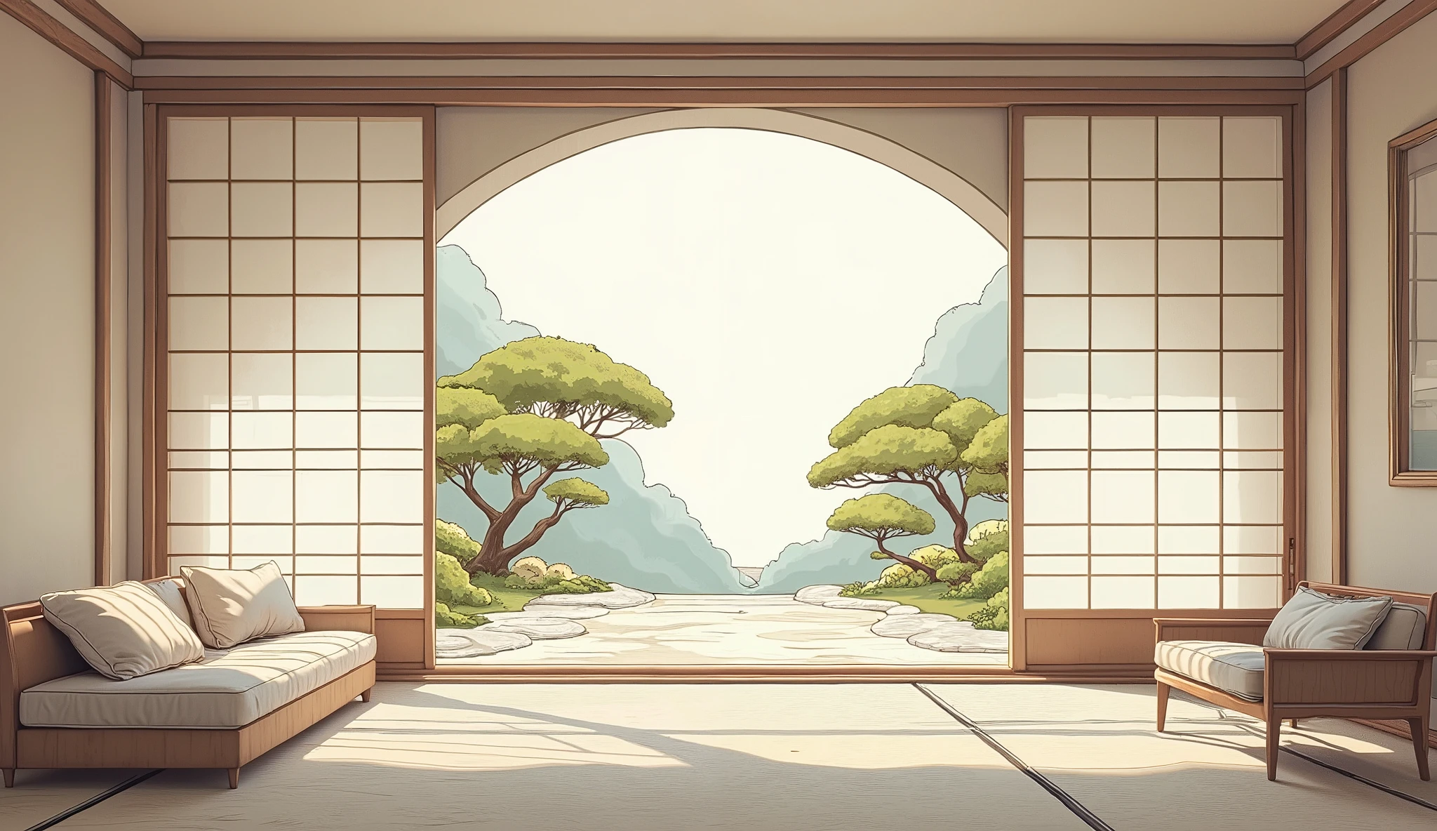 illustration in soft colors predominating , minimalism of a Japanese style living room with window to see the minimalist Japanese garden with bonsai trees, the stage evokes energy and elegance