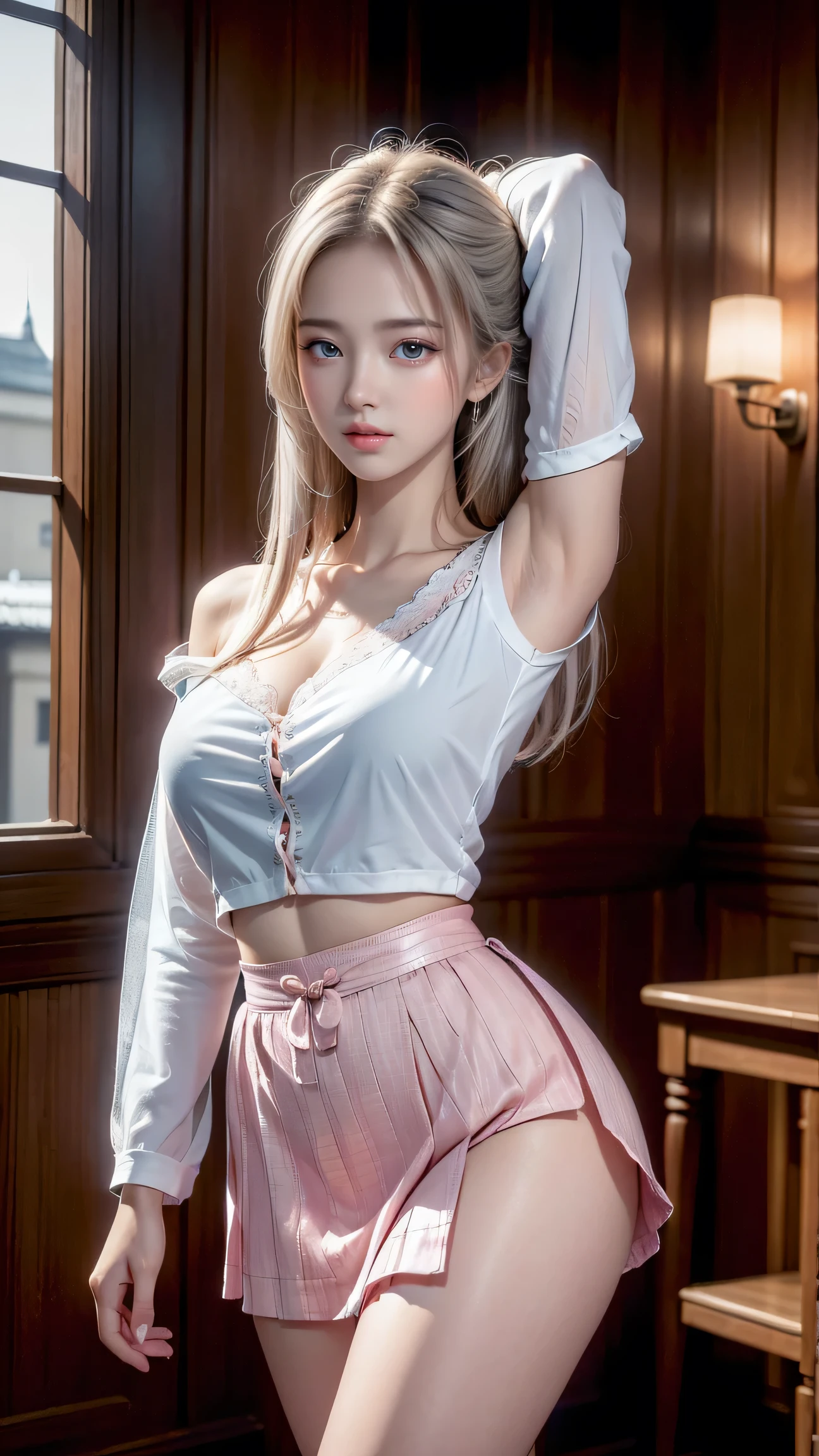 (legs open on classroom chair)), Female Teacher v6, Necklace, Earrings, Full Body V6, Long Gray Hair, Translucent Clothes, Look, Superb, Ultra High Definition, RAW Photography, Realism 1.25), (Bright Lip Gloss, Long Eyelashes, Smooth) Face, Light Bright, Natural Shadows, Wide Light, Wide Light, Depth of Field, Intense Colors, Subtle Caustics: 0.8), Smile, (Big), v6, There are windows showing different buildings in the city (absurdity, high resolution, super detail), smile, (big), v6 ((Adriaan Honig))) girl with blonde hair and blue eyes, beautiful, thin, sexy pose, back figure, gaze is window side, ((white sheer tube top, light pink floral panties)) Tics: 0.8), smile, (big), v6, sexy pose, back figure, The gaze is on the window side, ((black sheer blouse, light pink floral string panties))