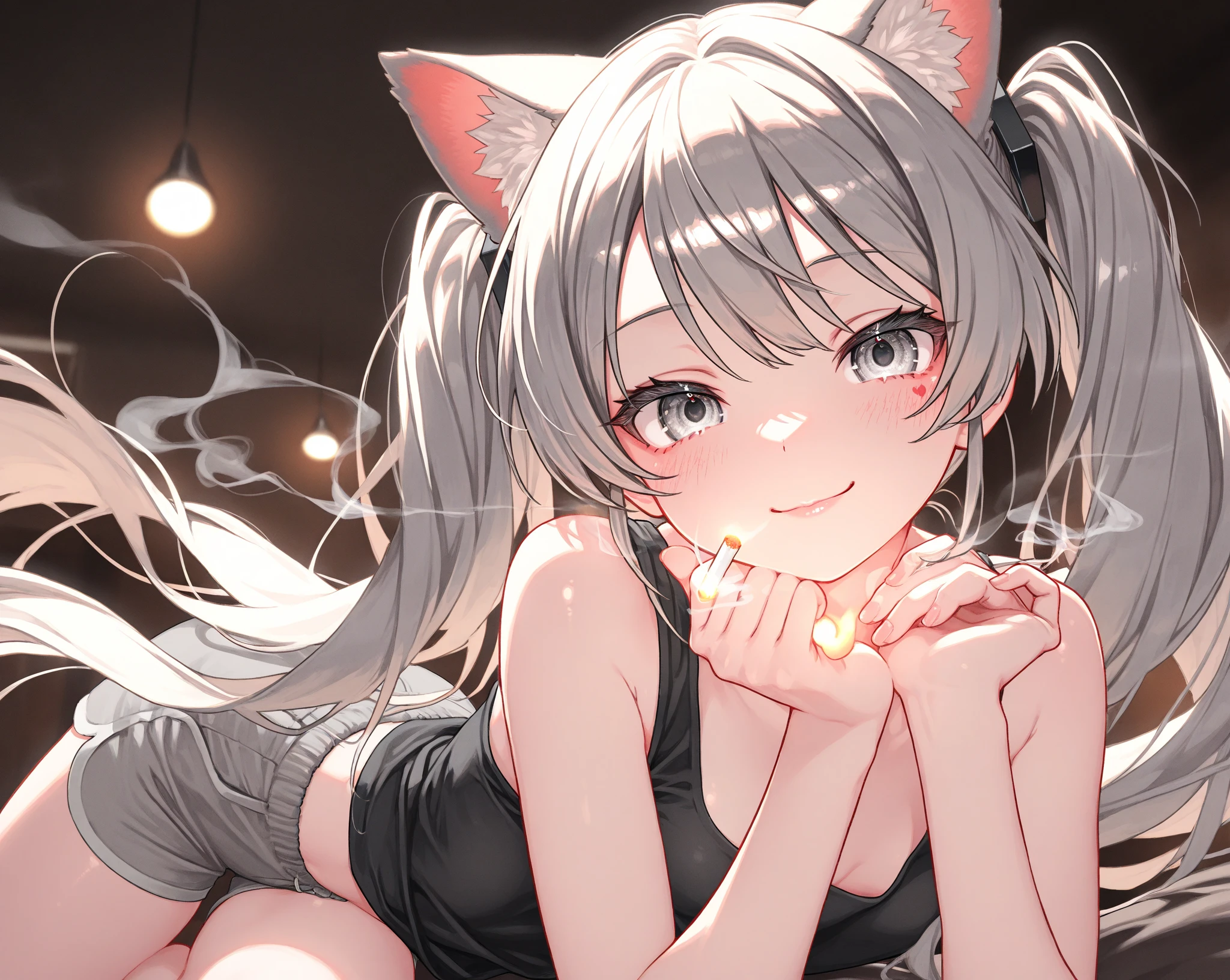(masterpiece,detailed,highres:1.4), anime artwork (((crystals texture Hair))),((beautiful detailed glass hair)), sparkle, lens flare, 1girl, white hair, solo, thigh highs, side pony tail, black thigh highs, looking at viewer, window, small breast, flat breasts, blush, smile, bangs, anime style, key visual, vibrant, highly detailed, red and green eyes, porcelean skin, fox ears, fox tail, fluffy tail, embarassed, looking up, wet skin, naked, sitting