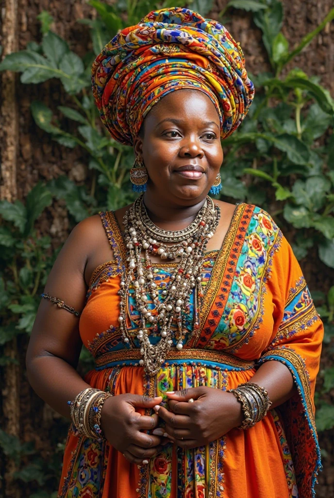The portrait features a chubby woman adorned in vibrant African attire and jewelry. The composition is centered, with sharp focus on her facial features and expressive gaze. The warm, saturated colors and studio lighting create a striking visual impact, capturing the subject's poise and cultural essence. The high-resolution image displays impressive detail and clarity.