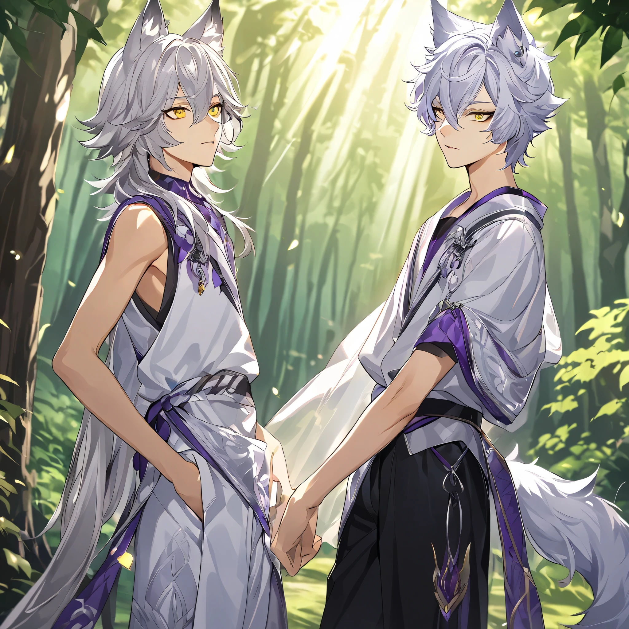 Twin anime boys with silver white hair, purple highlights, wolf ears, yellow sharp eyes