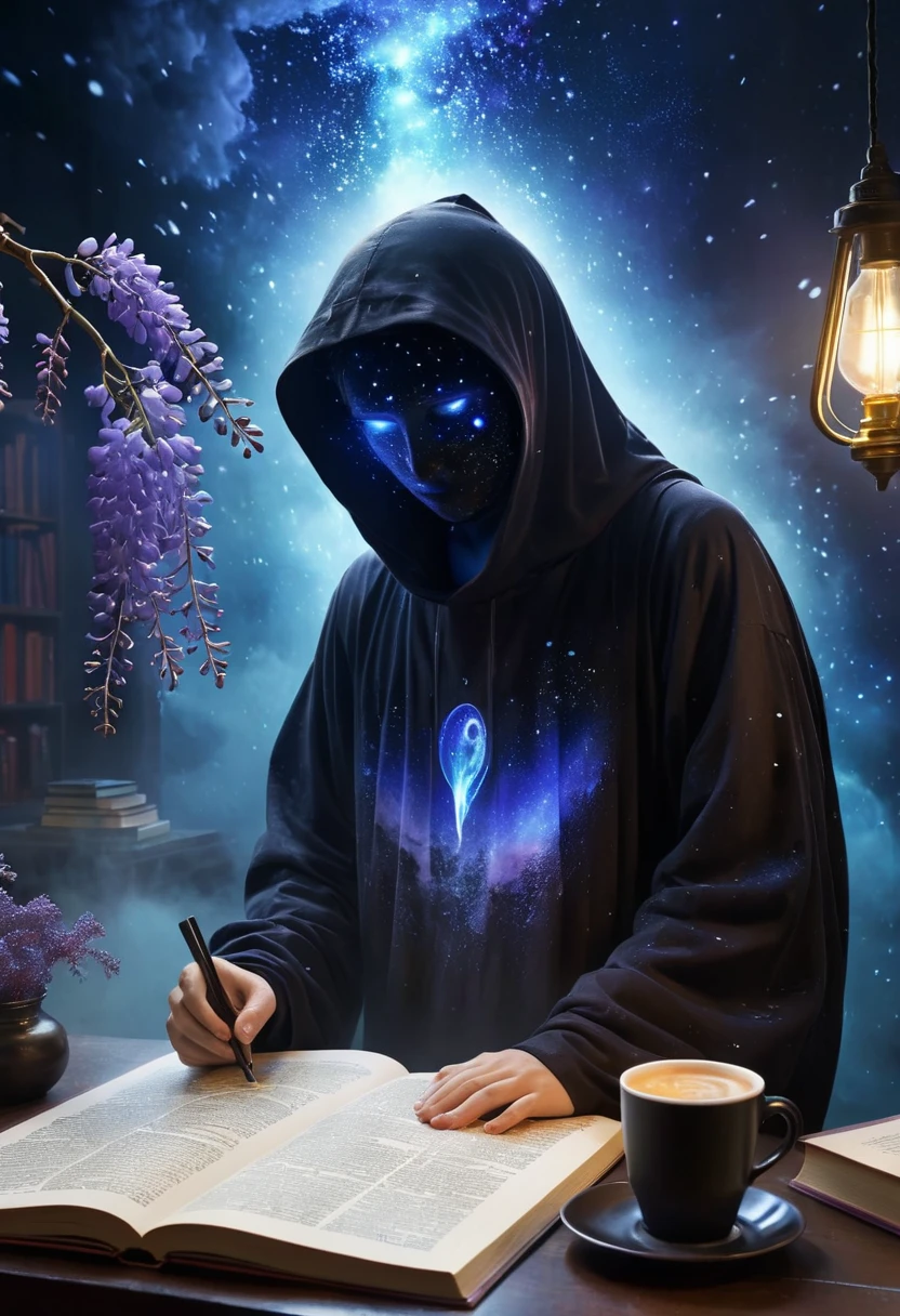 character design,A Mysterious Transfer Student , (, a mysterious transfer student beauty),,连帽衫,Covering his face,Remarkable student characteristics,in the dark room of the Astronomical Society,his star map work showed an abnormal trajectory,with only half a cup of cold brewed coffee left on the table,The bottom of the cup settled with nebula dust that had not yet been named。The fog formula on the lab glass was always better than the board book,The bag revealed《Book of the Dead》Bronzing book spine,with bows and arrows left over,arrive at school on time on a rainy day,, but the edge of the sneaker was stained with purple wisteria petals unique to the Sahara Desert,Night Dew Wolf had wisteria petals soaked in mysterious blue light,Horror Movies,Thick fog,The fog formula marked"Fictional exercise"of the comet's orbit,Red sand,background:classroom,books,desk