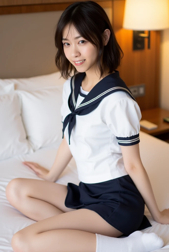 People Girls, short hair,Black Hair, room, Bed, summer, Sailor suit, Lying down, , smile,transparent, (masterpiece, Highest quality), Soft Light, Structure of the film, Cinematic