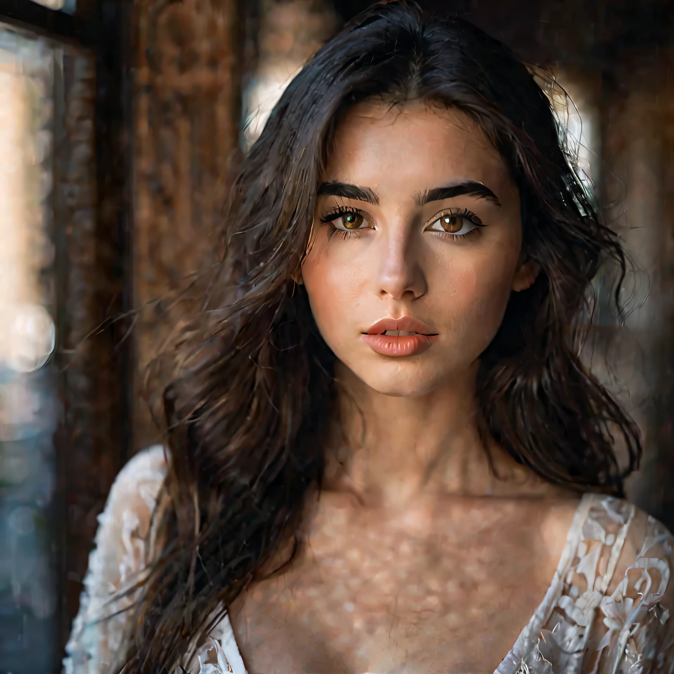 natural good light, very pretty, 20 years old, long hair, dark hair, detailed
skin texture, corinna kopf, sharp eyebrows, brown eyes, hourglass body
shape, (4k photo:1.1) by (Jeremy Lipking:0.3), (Dittmann Anna:0.3), (Arian
Mark:0.3), (Sharp focus:1.3) realistic, cleavage, Instagram, influencer, cute,
posing, wearing clothes, high-res, ultra-detailed, vivid colors, professional
lighting, (attractive young woman: 1.3), (seductive: 1.1), (blushing: 1.1)