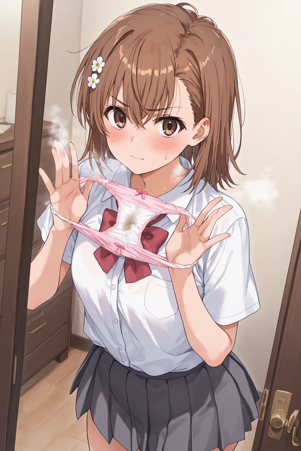 nsfw, Detailed nipple depiction, Konui Hirazawa, Yu Hirasawa, short hair, Brown Hair, (Brown eyes:1.5), ponytail,
break sakuragaoka high , , uniform, blazer, shirt, white shirt, collared shirt, skirt, pleated skirt,
break indoors, classroom,
break looking at viewer, (Cowboy Shot:1.5),
break (masterpiece:1.2), highest quality, High resolution, unity 8k wallpaper, (figure:0.8), (Beautiful fine details:1.6), Highly detailed face, Perfect lighting, Highly detailed CG, (Perfect hands, Perfect Anatomy),