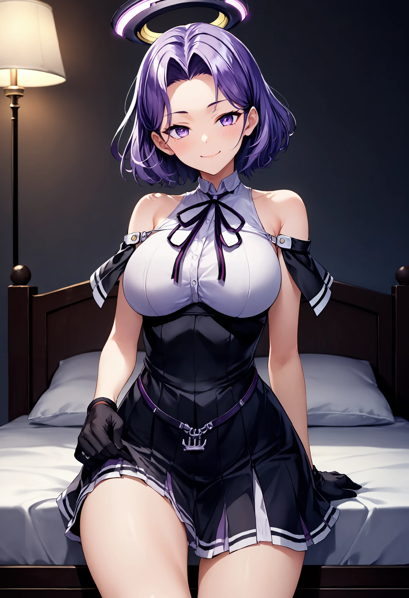 Ryuda Muji, tatsutakaini (kantai collection), score_9, score_8_up, score_7_up, score_6_up, source_anime, masterpiece, best quality, official art, official style, game cg, megami magazine, rating_safe, rating_questionable, purple hair, halo, short hair, (purple eyes, Half Eye, half-open), split bangs, , ripping bare shoulders, sleeveless, black dress, white shirt, black skirt, short dress , Bare legs, Big Breasts, Smile, closed mouth, fingers in the mouth, shushing,blush, bedroom, on the futon, panties, skirt lift, bra, open shirt, nsfw,