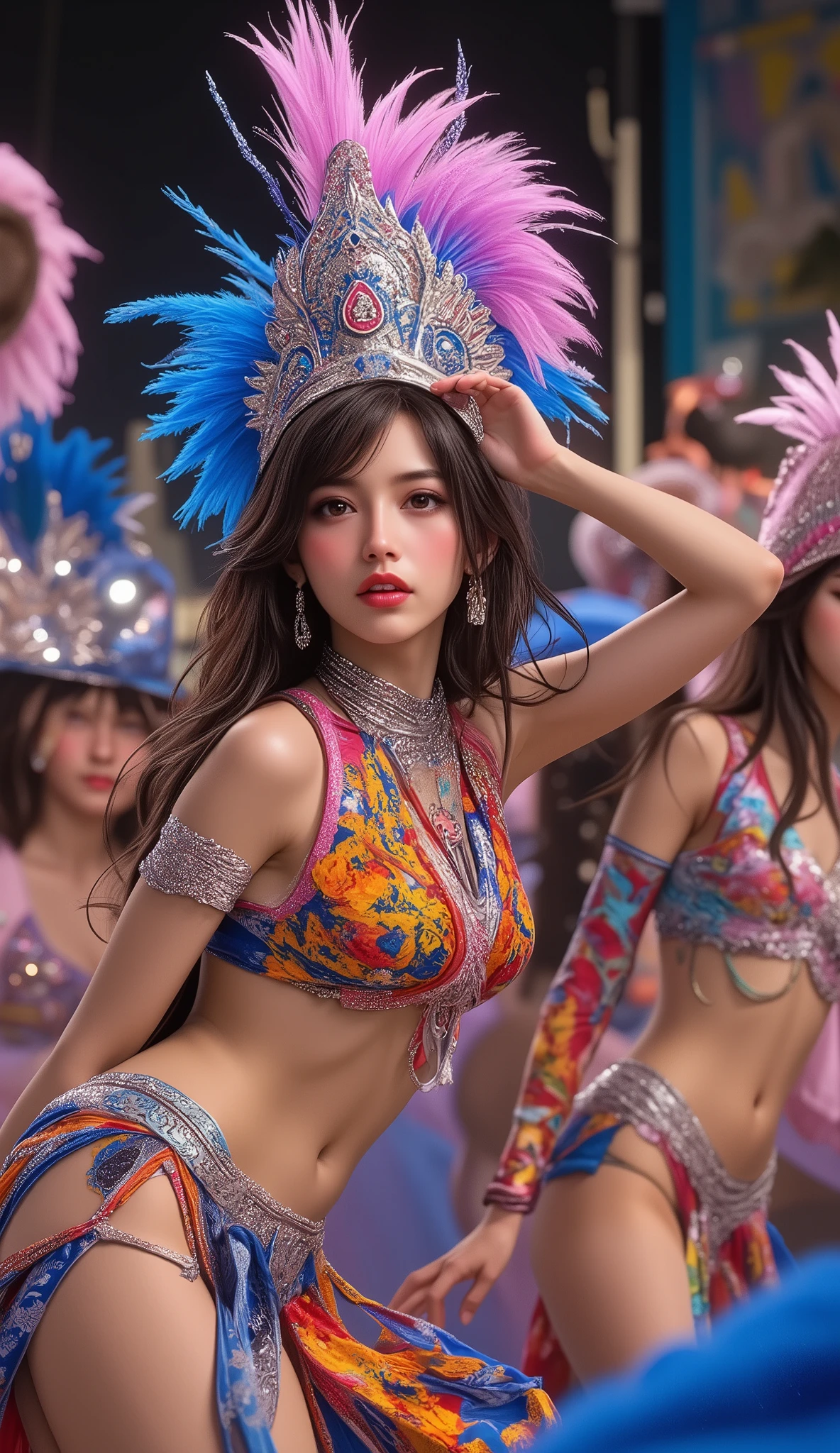 Colourful dancers, Intense dance poses, Exhilarating Latin Music, Brazilian Night Dance Parade, Colorful, Rio Dance Carnival, Tempting Samba Music, Passionate Vibrant, Enchanting Hips , ATTRACTIVE SEE-THROUGH LACES, PREMIUM QUALITY OUTFITS, Dynamic Sexy Dance Poses, Gorgeous and Powerful Feather Temptation