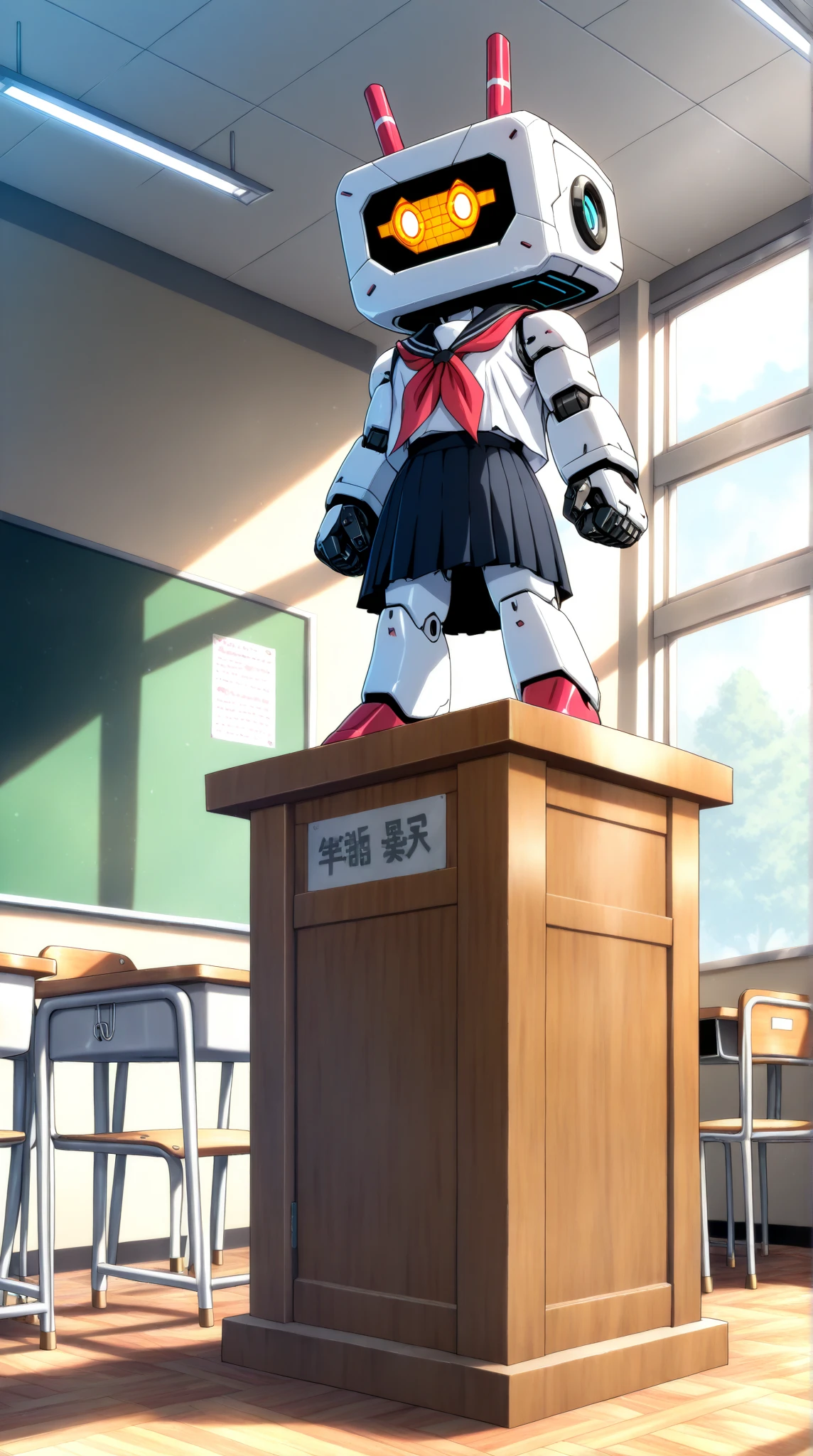 One robot like Mechazawa, solo, (school uniform, robot), (inside classroom, introducing new students, standing in front of the podium), full body image, (incredible high resolution, masterpiece, best quality, highly detailed, CG, high quality anime drawing)