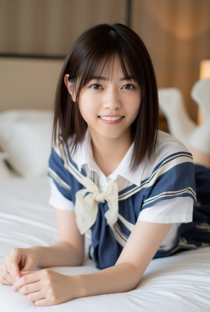 (Realistic, photo Realistic:1.2), ((Highest quality)), moving her center of gravity back, Quite embarrassing, White panties, (Showing panties:1.4),Tight Skirt, (Under the skirt:1.3), (Lift up your skirt:1.3), (squat:1.4), Put your heels on the ground, Spread your legs a little, 膝を上げてsquat, Put your butt on the ground, black penny loafers, Beautiful face details, Real human skin, Gentle expression, Front view, angle From below, Realistic, photoRealistic, cute, Short skirt, squat deep on school grounds, cute school girl, Japanese school girl uniform, Sailor suit, whole body,Smile, Natural smile, Charming smile, Captivating smile, (View your viewers:1.2), from the front, From below,