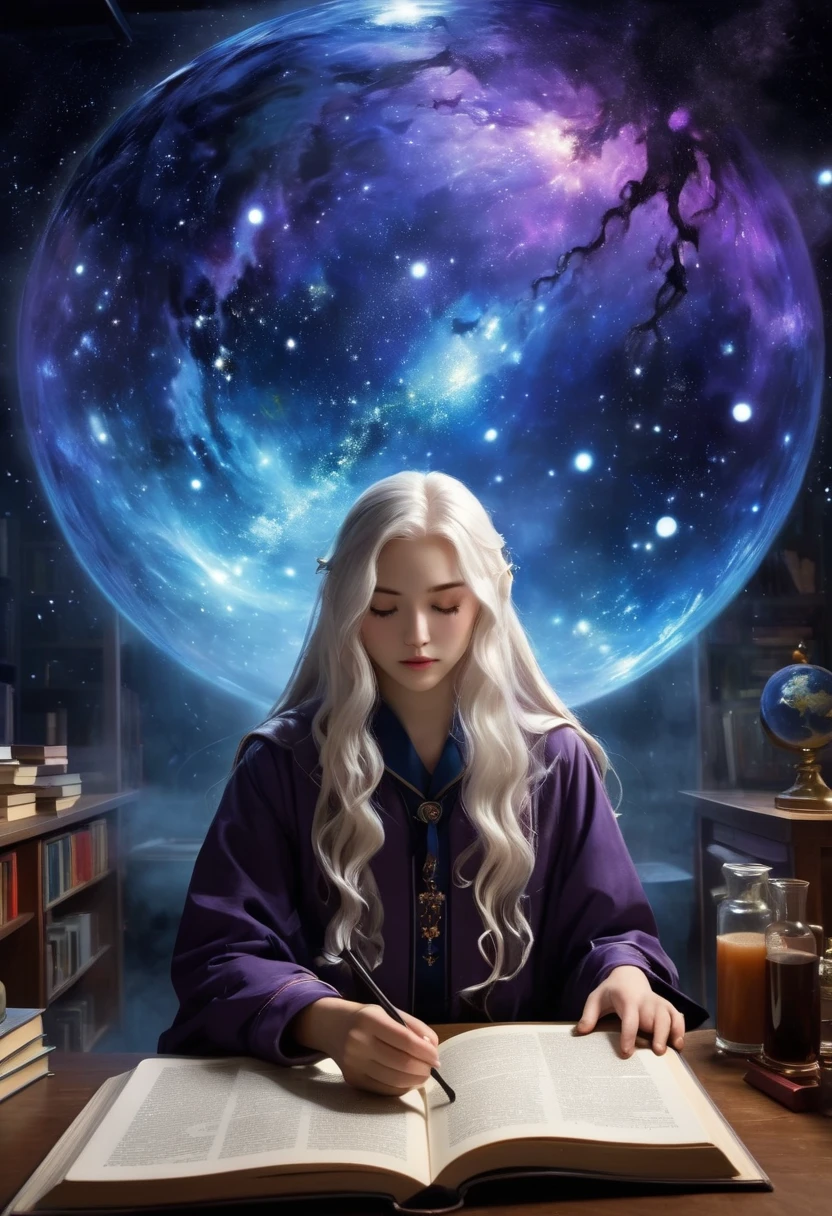 character design,A Mysterious Transfer Student , in style of Bruce Munro, character concept design, half body,(, a mysterious transfer student beauty),Beautiful student with super long white hair,English school uniform,Covering his face,Remarkable student characteristics,in the dark room of the Astronomical Society,The student's beautiful star map shows an abnormal trajectory,with only half a cup of cold brewed coffee left on the table,nebula dust that had not yet been named at the bottom of the cup。The fog formula on the lab glass was always better than the board book,The bag revealed《Book of the Dead》Bronzing book spine,with bows and arrows left over,arrive at school on time on a rainy day,, but the edge of the sneaker was stained with purple wisteria petals unique to the Sahara Desert,Night Dew Wolf had wisteria petals soaked in mysterious blue light,Horror Movies,Thick fog,The fog formula marked"Fictional exercise"of the comet's orbit,Red sand,background:classroom,books,desk