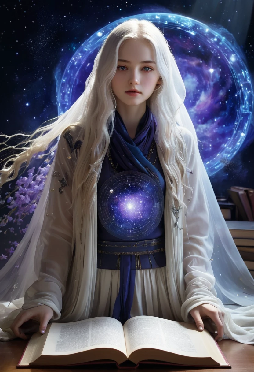 character design,A Mysterious Transfer Student , in style of Bruce Munro, character concept design, half body,(, a mysterious transfer student beauty),Beautiful student with super long white hair,English school uniform,The veil covers the face,Remarkable student characteristics,in the dark room of the Astronomical Society,shows an abnormal trajectory in her star map homework,The purple iris flower on the table has settled on the bottom of the cup that has not yet been named nebula dust。The schoolbag reveals an abnormal trajectory《Book of the Dead》Bronzing book spine,and the edge of the sneakers is stained with fog on the glass of the Sahara desert,Wisteria petals soaked in mysterious blue light on her chest,Horror Movies,Thick fog,The fog formula marked"Fictional exercise"of the comet's orbit,Red sand,:classroom,books,desk