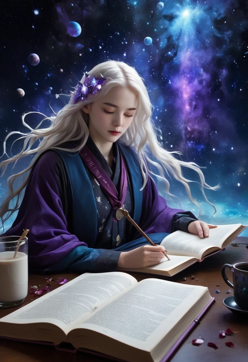 character design,A Mysterious Transfer Student , in style of Bruce Munro, character concept design, half body,(, a mysterious transfer student beauty),Beautiful student with super long white hair,English school uniform,Covering his face,Remarkable student characteristics,in the dark room of the Astronomical Society,The student's beautiful star map work showed an abnormal trajectory,with only half a cup of cold brewed coffee left on the table,and nebula dust that had not yet been named at the bottom of the cup。on lab glass is always better than a board book,The bag revealed《Book of the Dead》Bronzing book spine,with bows and arrows left over,arrive at school on time on a rainy day,, and the edge of the sneaker is stained with the characteristic of the Sahara desert,Night Dew Wolf had wisteria petals soaked in mysterious blue light on her chest,Horror Movies,Thick fog,The fog formula marked"Fictional exercise"of the comet's orbit,Red sand,background:classroom,books,desk