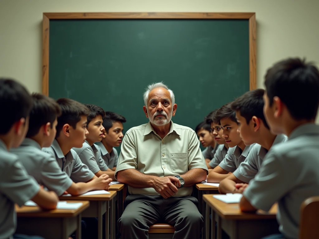 Old Indian teacher is looking angry towards the indian students and students are scared
