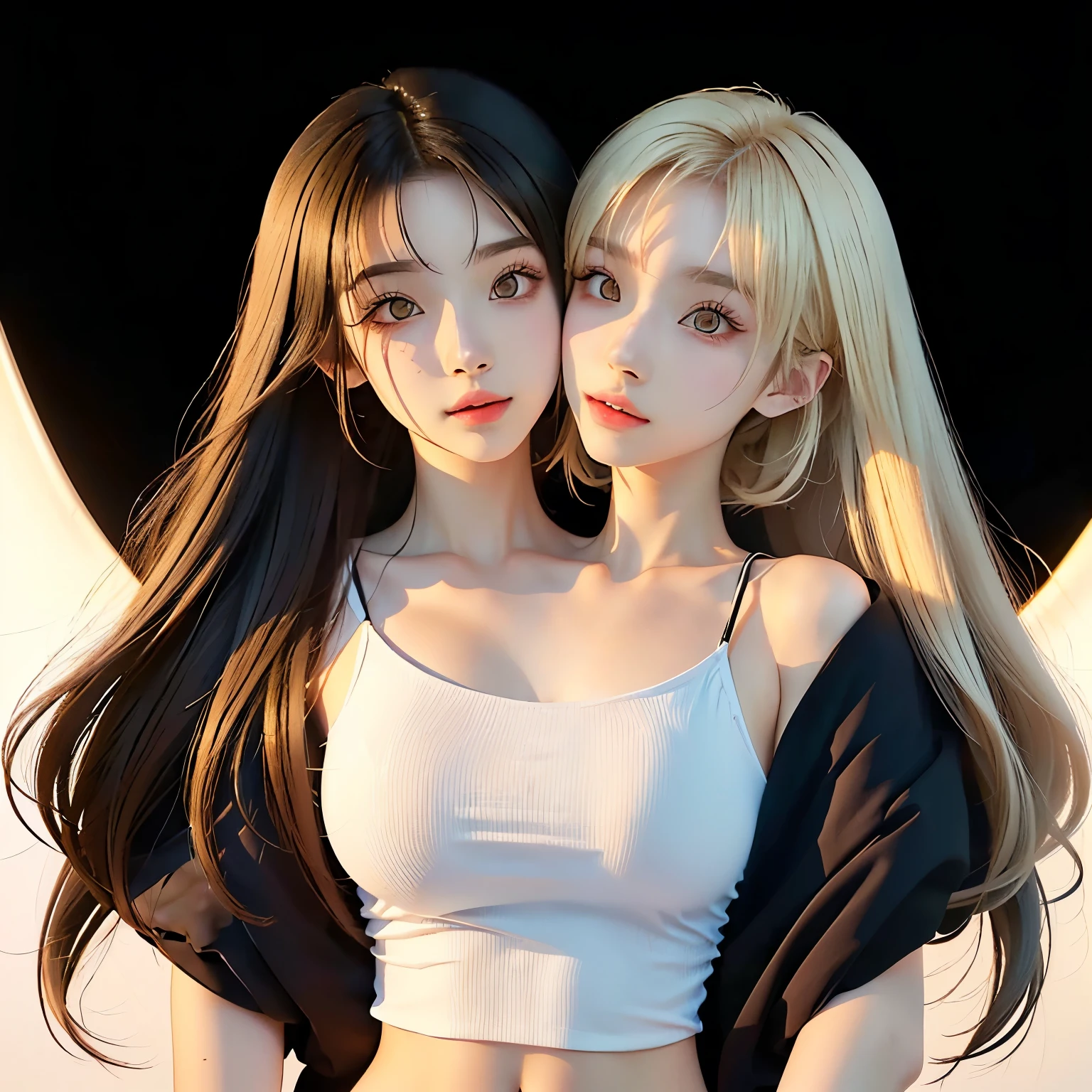 )2heads:1.2), two black haired girls with red eyes and long hair, evil vampire, epic tale of the twin sisters, 2 angels, beautiful gemini twins, beautiful gemini twins portrait, two beautiful anime girls, anime in fantasy style, twin souls, beautiful sci - fi twins, in the art style of bowater, blonde anime girl with long hair, beautiful gemini good and evil, sisters, battle scene