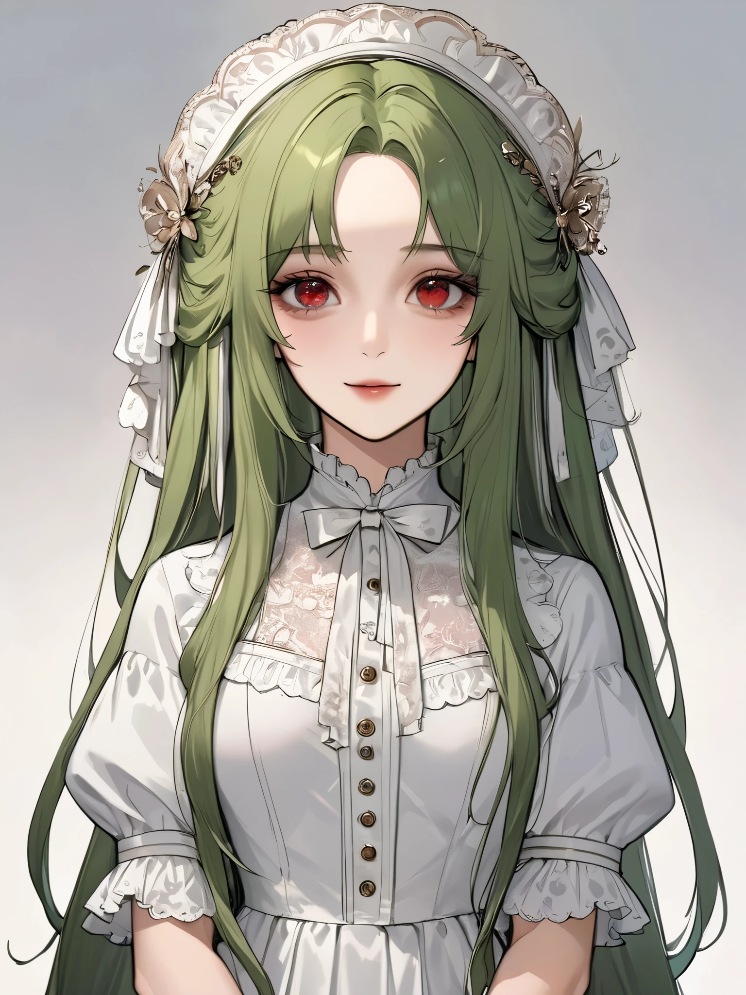 (extreamly delicate and beautiful:1.2), 8K,(masterpiece:1.0),(best_quality:1.0), 1 girl, and intricate detailing, Enlarged textures, and intricate detailing, finely eye and detailed face, and intricate detailing, green long hair, (sweet smiley), Perfect eyes, Equal eyes, red eyes (A famale god) with with georgian victorian dress, look at camera, green long HAIR, Red EYES, green long HAIR, red EYES, Full body, with white georgian victorian dress, no hairpin, ago, perfect body, with simple backround,