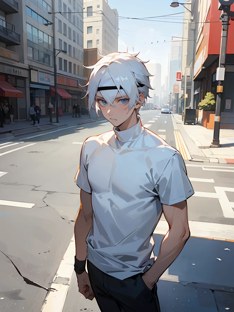 gray wolf，(hairy all over, furry tail,  white fur, blue-green eyes, big ears，light white hair:1.2), (small canine、tight sportswear：1.2），Left hand on hip，Wipe sweat on right hand，Handsome，Lovely，The picture is very delicate，Highest quality，Delicate painting style，exquisite lines，Delicate skin，sweating，Slim stature，street