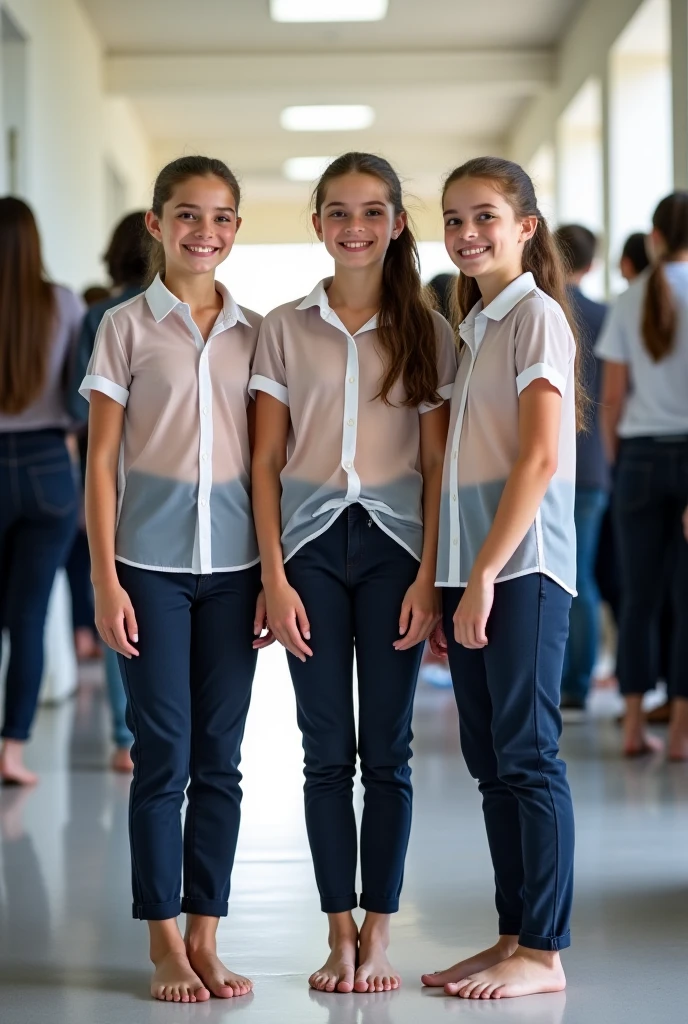 Realistic Photo Three Barefoot 14 yo Schoolgirls Wearing Long Pants