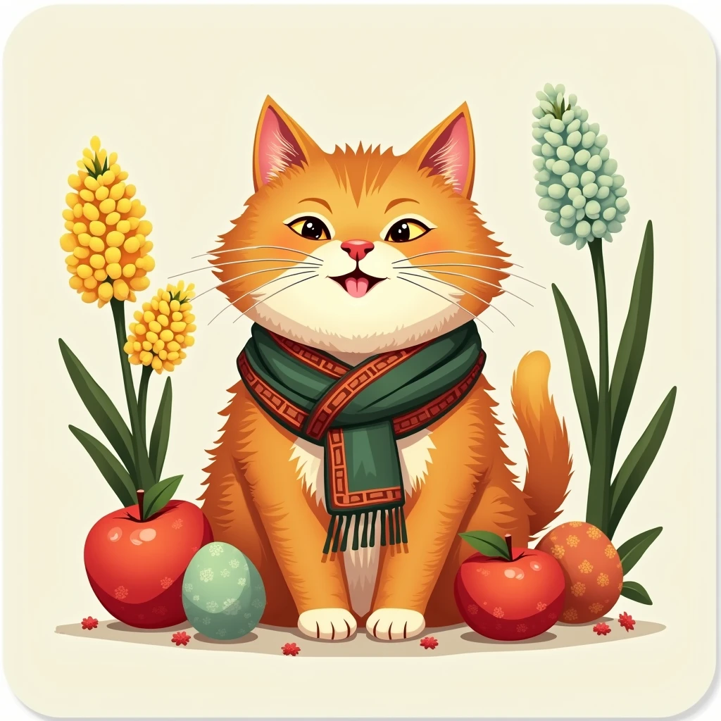"Unique Nowruz mouse pad design featuring a playful Persian cat wearing a traditional Nowruz scarf, surrounded by Haft-Sin elements (apples, eggs, hyacinths), vibrant spring colors (pastel green #E6F3D6, warm orange #F4A261, soft yellow #F8E1A1), ultra-high-quality PNG with background, 300 DPI, 800x600 pixels (or 2400x1800 pixels for high-quality print), centered and simple design, bold and clear for mouse pad printing, no similar designs online, cultural Nowruz theme, perfect for POD