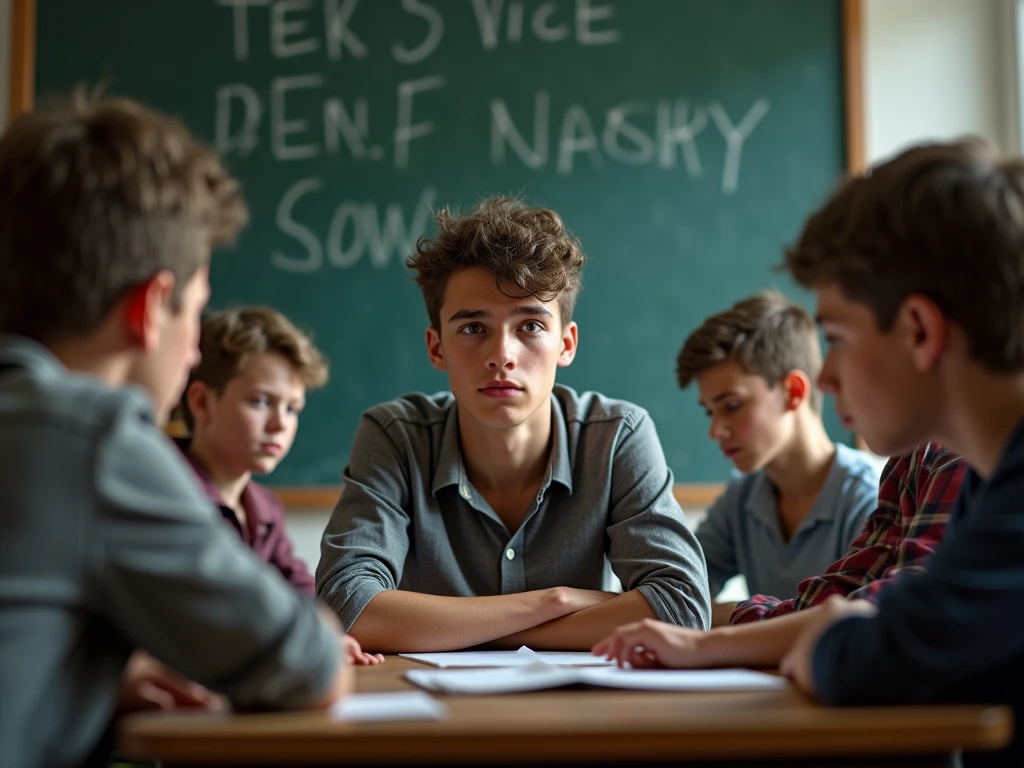 generates an image of young students learning about financial education. The boys are dressed in purple 80s jackets