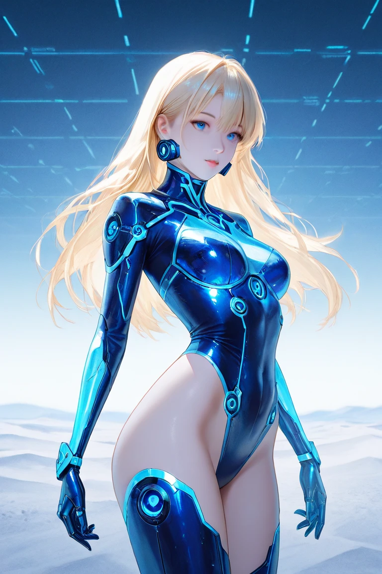 Japanese Anime style, super fine illustration, highly detailed, dynamic angle, beautiful detailed, pretty & charming anime girl with blonde straight short hair & blue eyes & a smile wears a swimsuit & accessories of black & blue future digital devices, blue lights, the huge planet is horizon. japanese anime style,